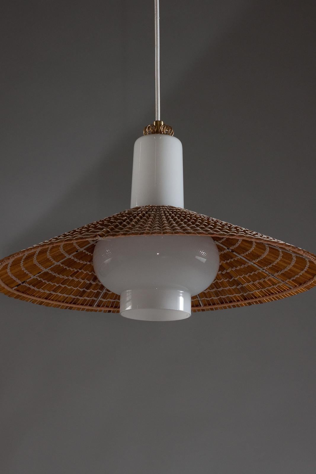 20th Century Paavo Tynell, 1950's opaline glass pendant with wooden slat shade, Idman Oy For Sale
