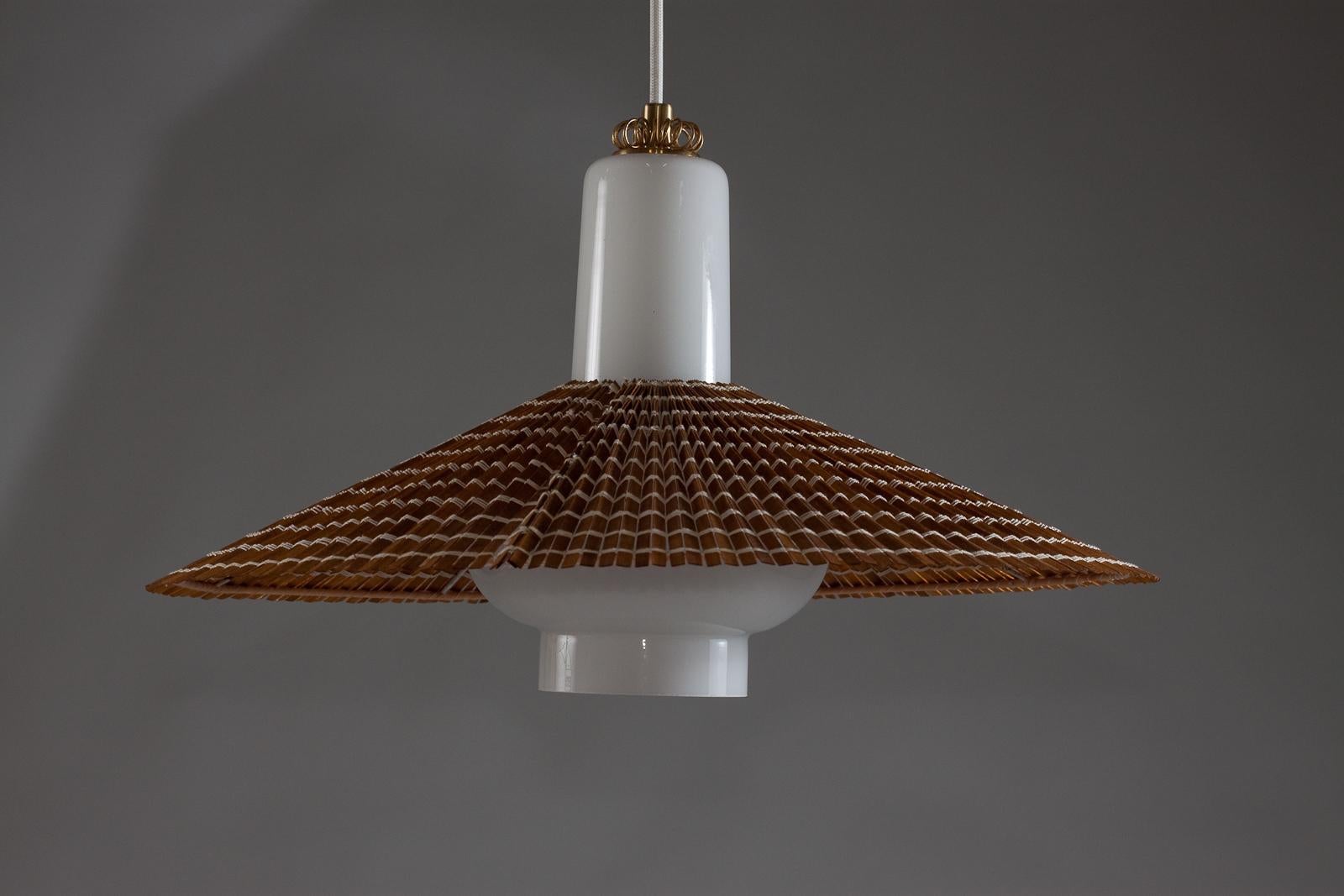 Brass Paavo Tynell, 1950's opaline glass pendant with wooden slat shade, Idman Oy For Sale