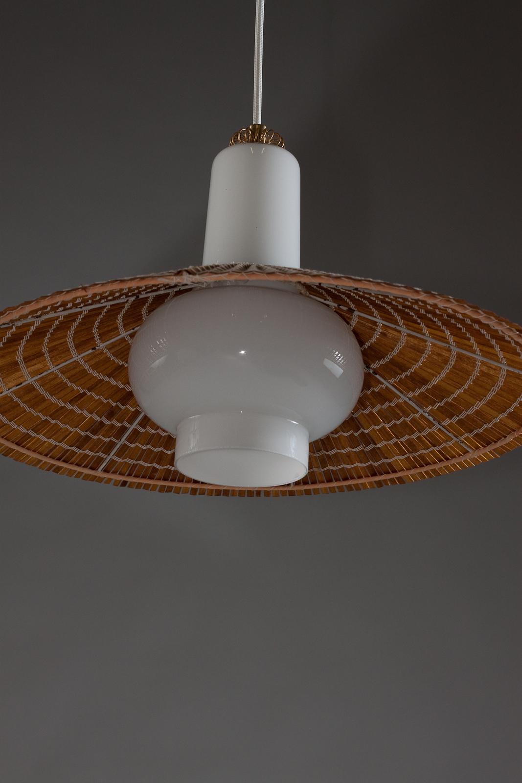 Paavo Tynell, 1950's opaline glass pendant with wooden slat shade, Idman Oy For Sale 1