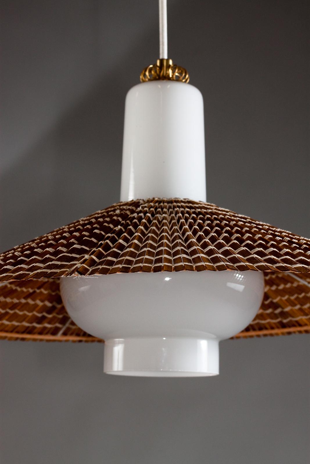 Paavo Tynell, 1950's opaline glass pendant with wooden slat shade, Idman Oy For Sale 3