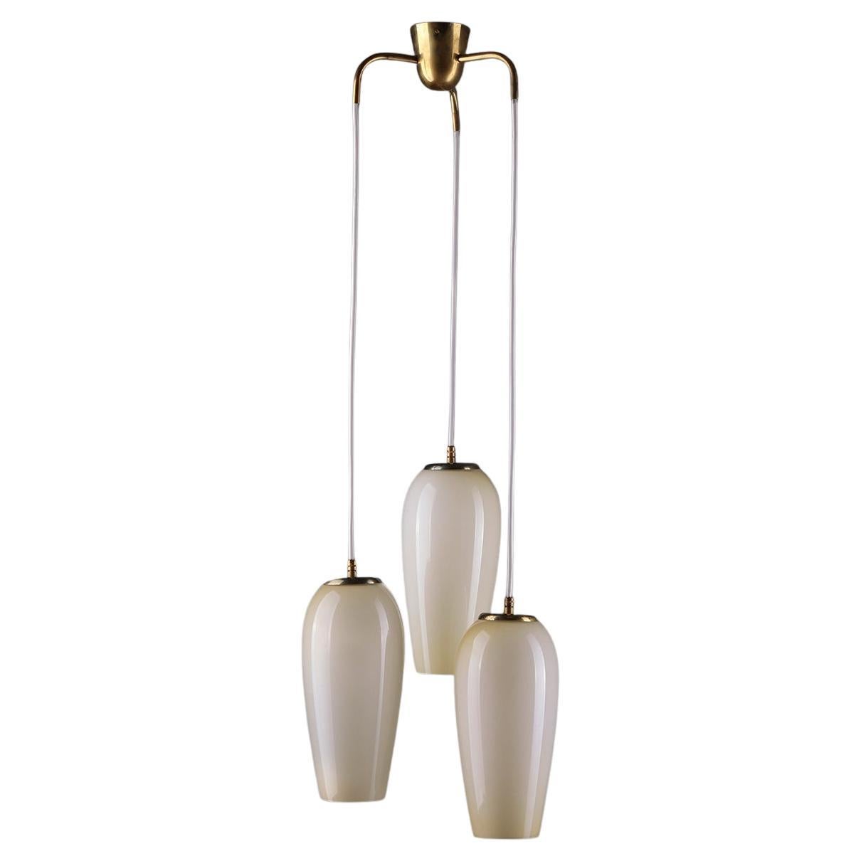 Paavo Tynell 3-Arm Ceiling Lamp in Brass and Opaline Glass, 1940s