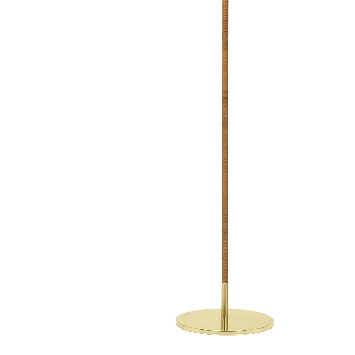 Mid-Century Modern Paavo Tynell 9602 Wicker Wrapped Brass Stem Floor Lamp with Rattan Lamp Shade
