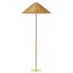 Paavo Tynell 9602 Wicker Wrapped Brass Stem Floor Lamp with Rattan Lamp Shade