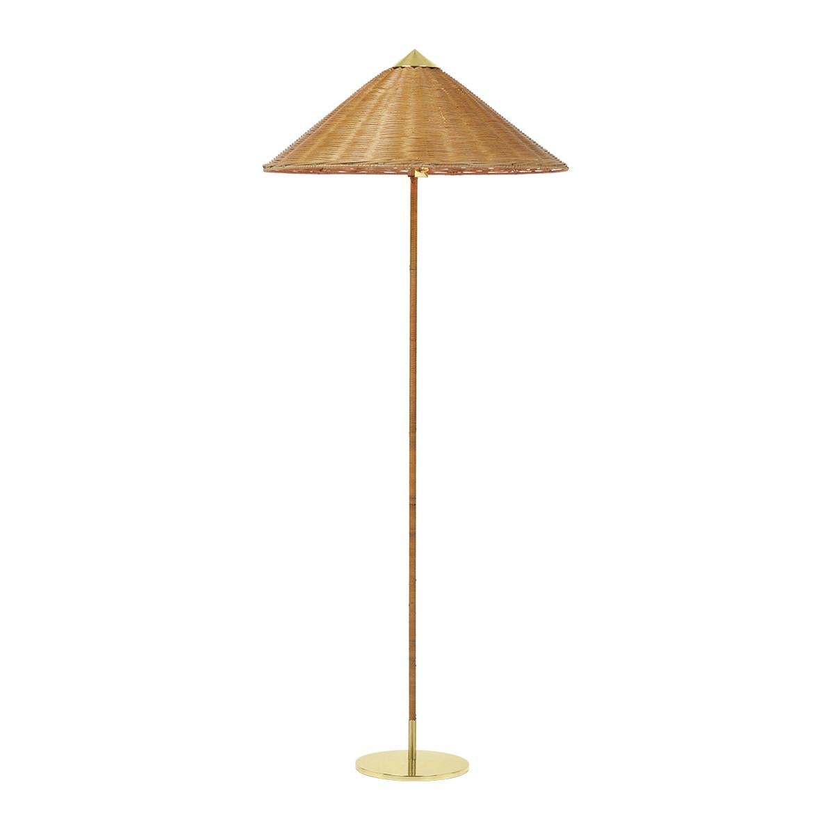 Paavo Tynell 9602 Wicker Wrapped Brass Stem Floor Lamp with Rattan Lamp Shade