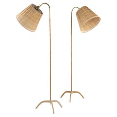 Paavo Tynell "9609" Brass Rattan Floor Lamps Produced by Taito Oy Finland, 1940s