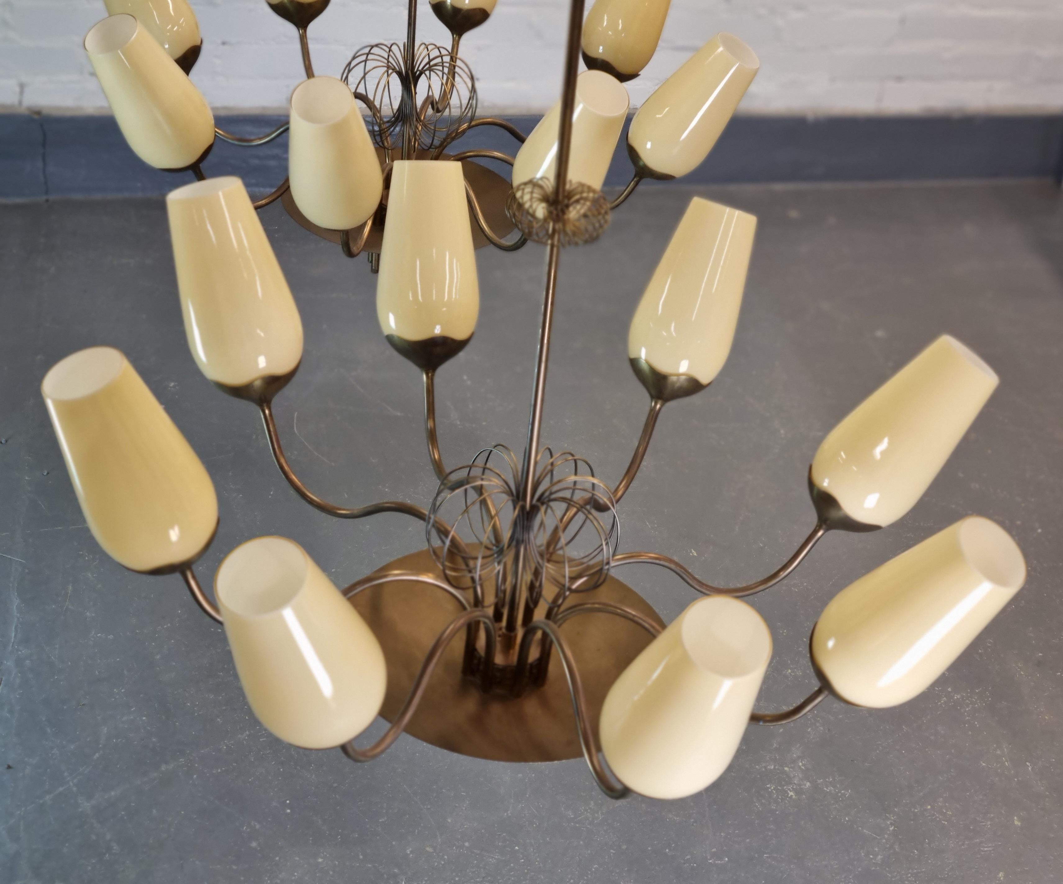 Mid-Century Modern Paavo Tynell Pair Of Commissioned Chandeliers, Brass & Glass, Taito Oy 1950s For Sale