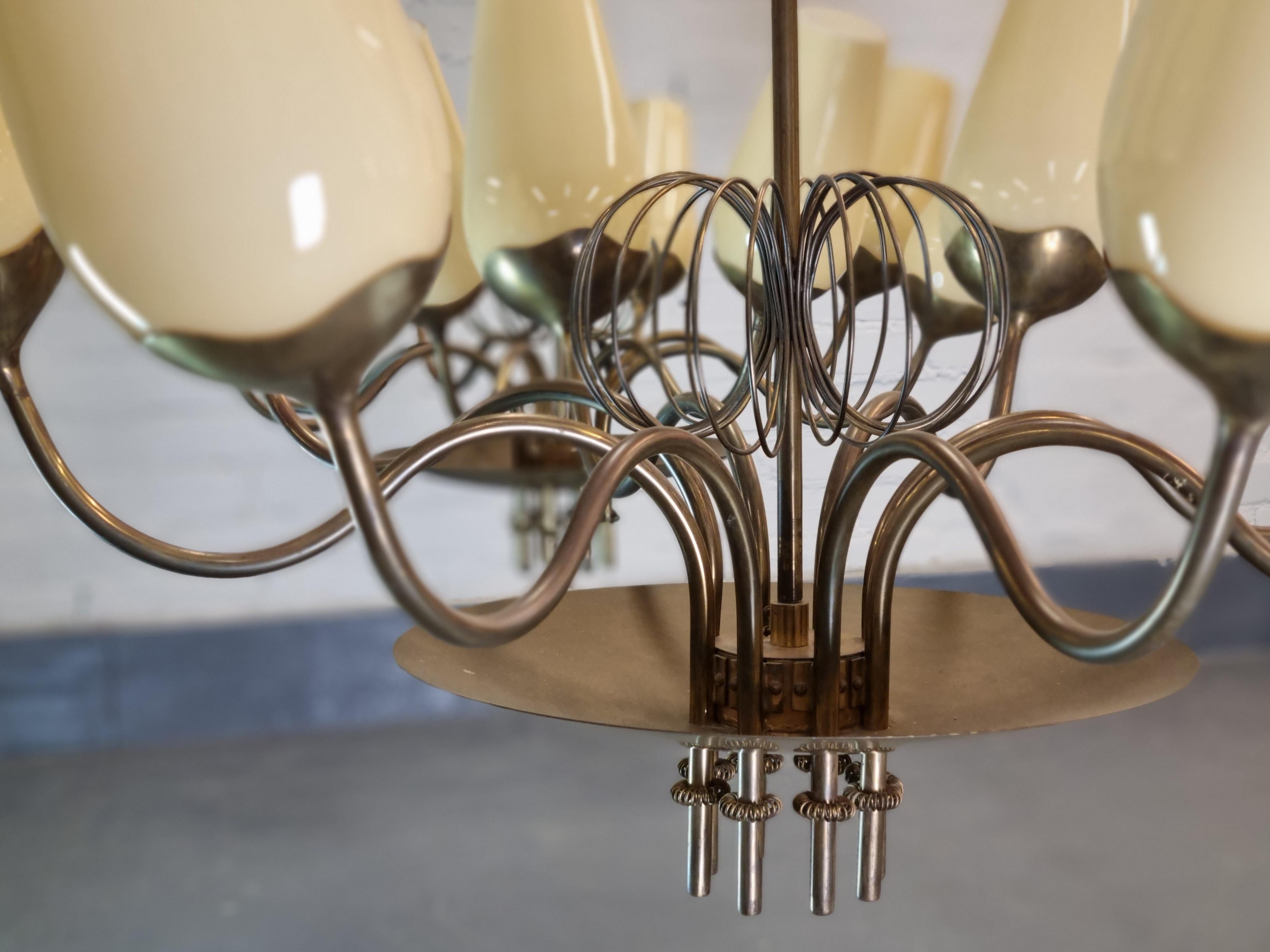 Finnish Paavo Tynell Pair Of Commissioned Chandeliers, Brass & Glass, Taito Oy 1950s For Sale