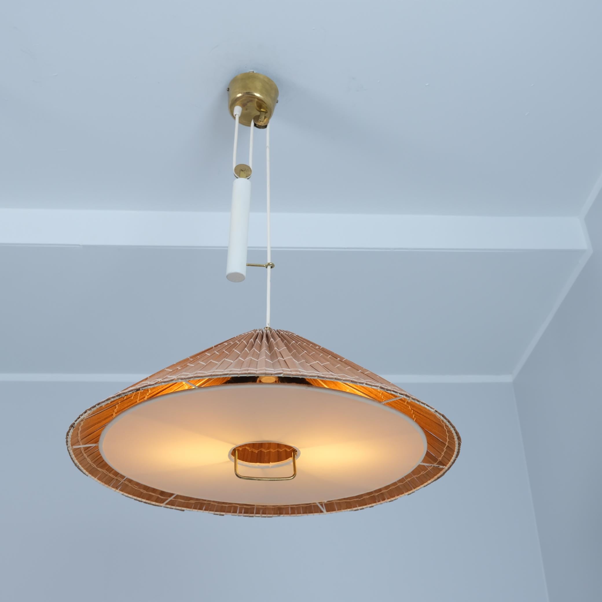 Finnish Paavo Tynell Adjustable Ceiling Lamp model A1998 in Brass, White & Rattan, 1950s For Sale