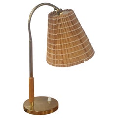 Paavo Tynell Adjustable Table Lamp 9201 in Brass, Birch & Rattan, Taito 1940s
