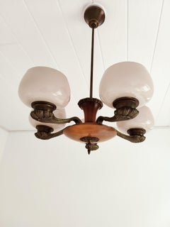 Paavo Tynell Art Deco Chandelier, Model 1376 Whit Pink Opal Domes
