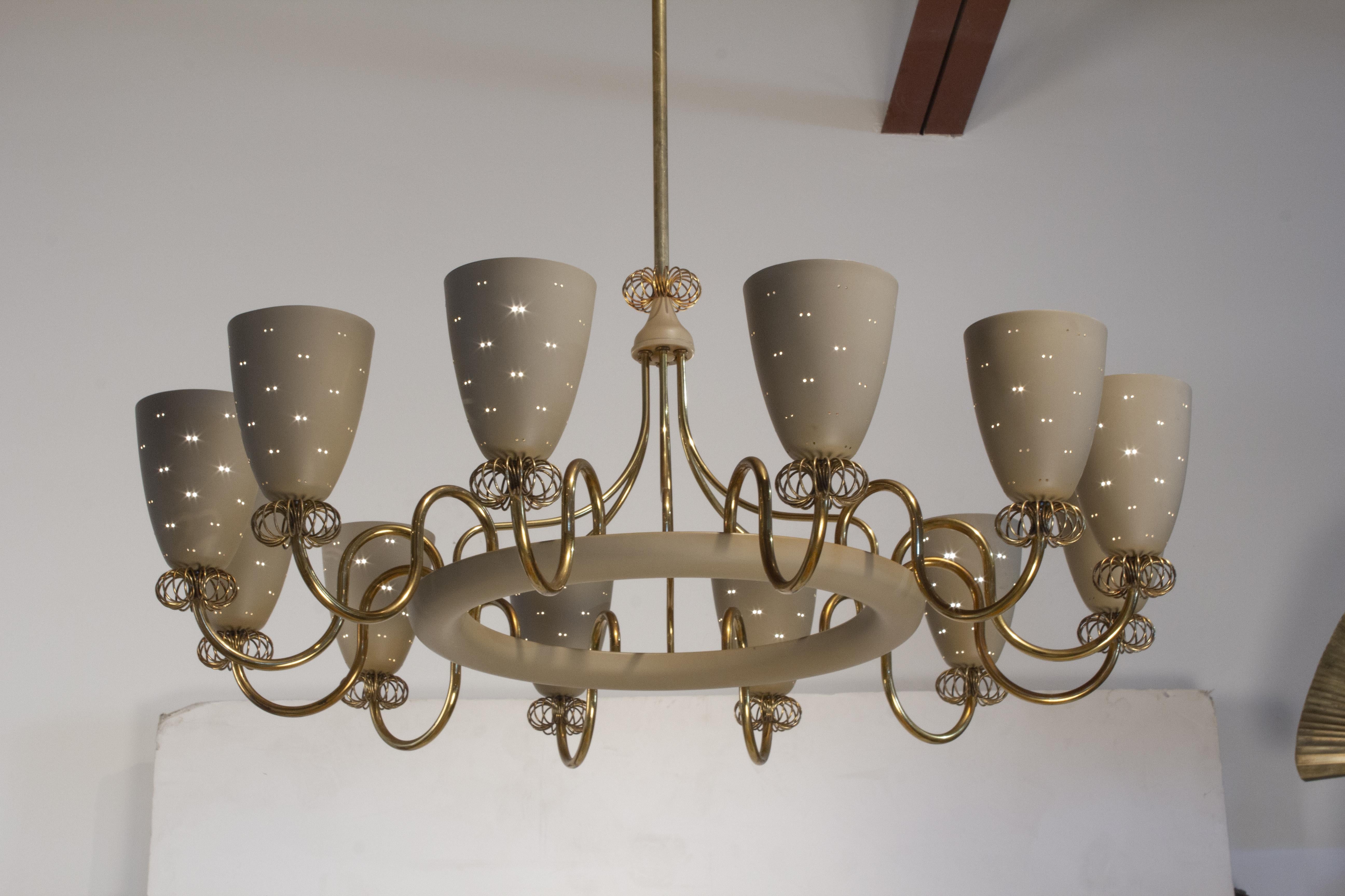 Paavo Tynell Ballerina Chandelier 12 Perforated Shades & Brass Ornamentation 3