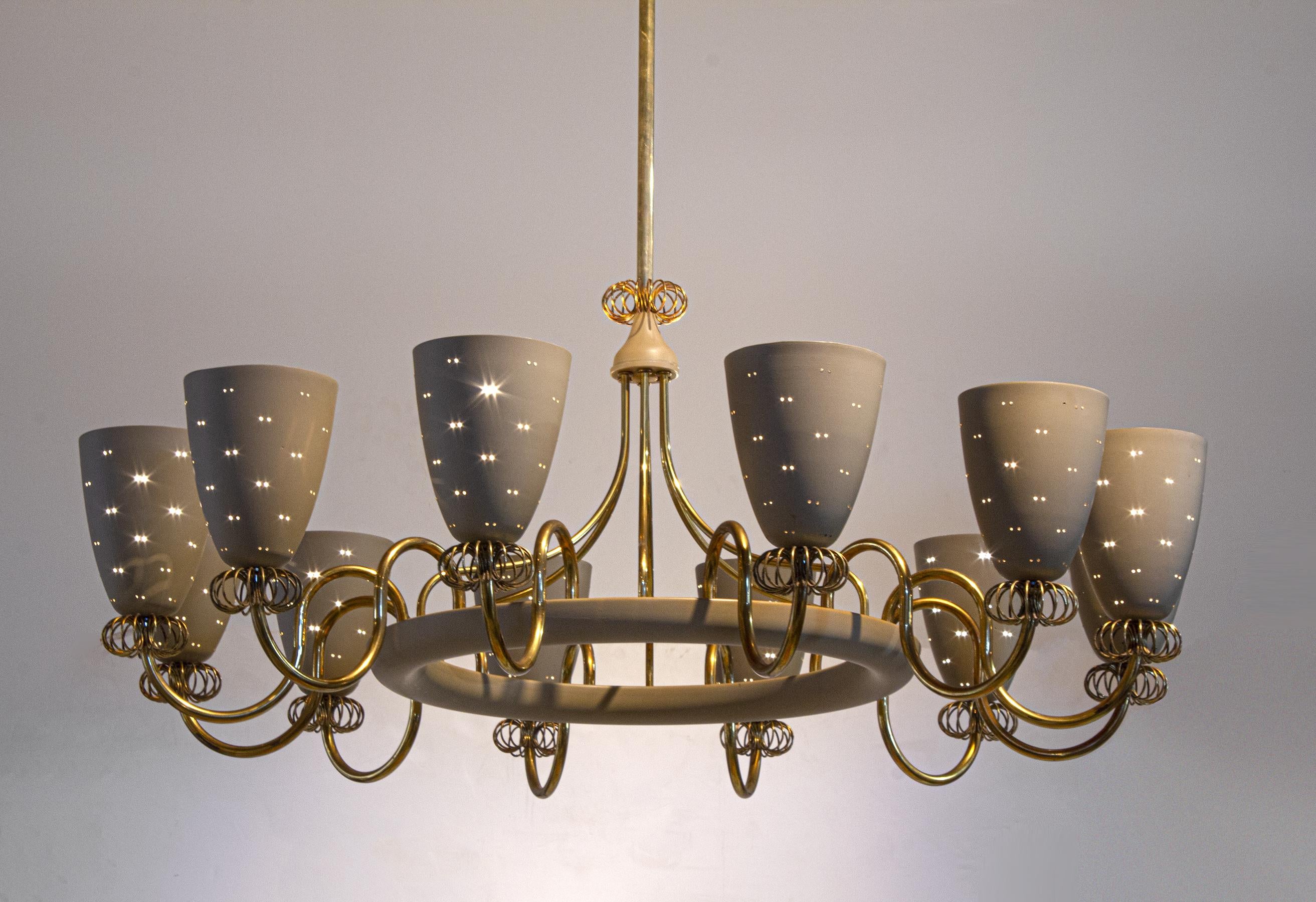 Paavo Tynell Ballerina Chandelier 12 Perforated Shades & Brass Ornamentation 4