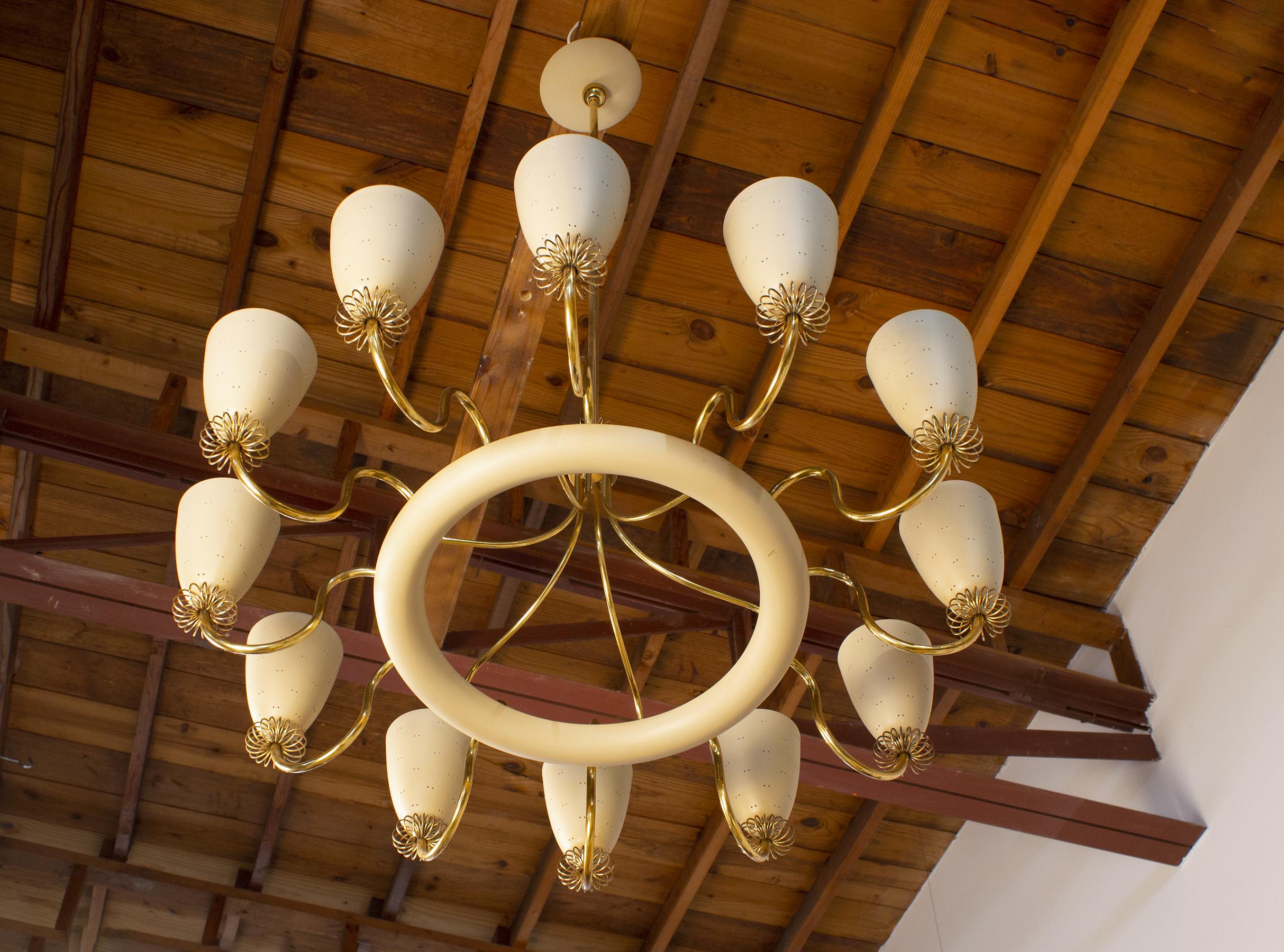 Paavo Tynell Ballerina Chandelier 12 Perforated Shades & Brass Ornamentation 5