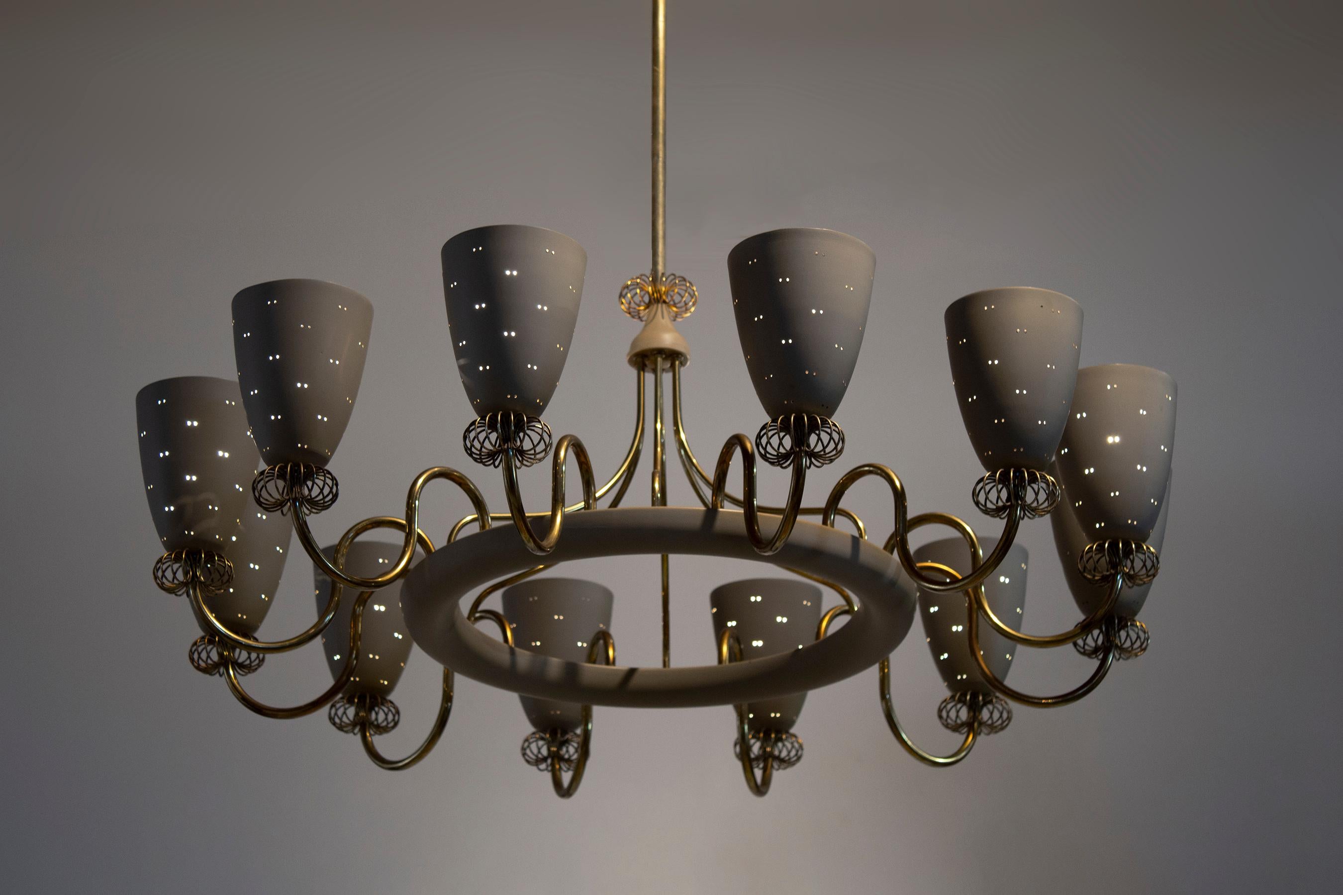 Mid-Century Modern Paavo Tynell Ballerina Chandelier 12 Perforated Shades & Brass Ornamentation