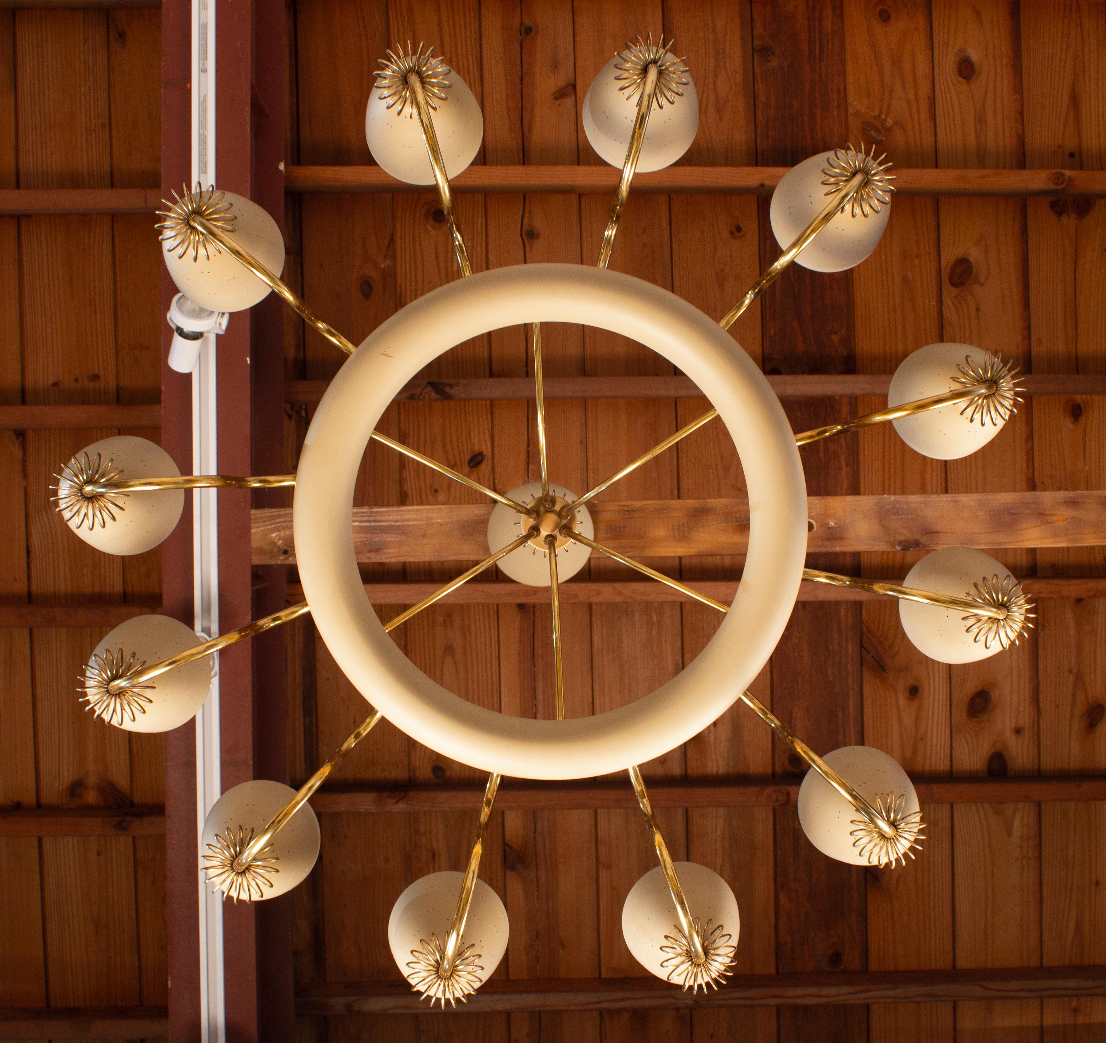 American Paavo Tynell Ballerina Chandelier 12 Perforated Shades & Brass Ornamentation
