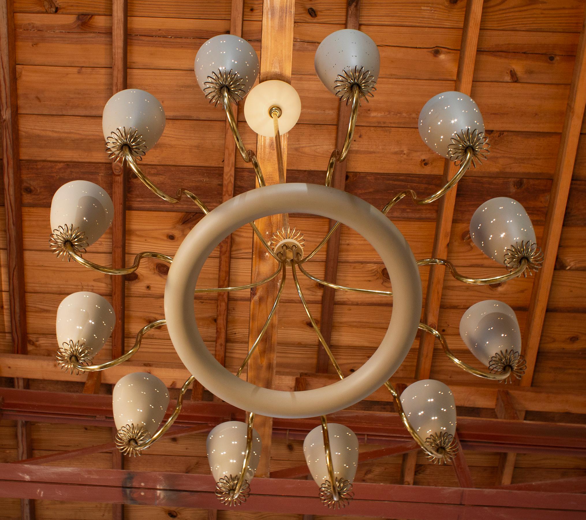 20th Century Paavo Tynell Ballerina Chandelier 12 Perforated Shades & Brass Ornamentation