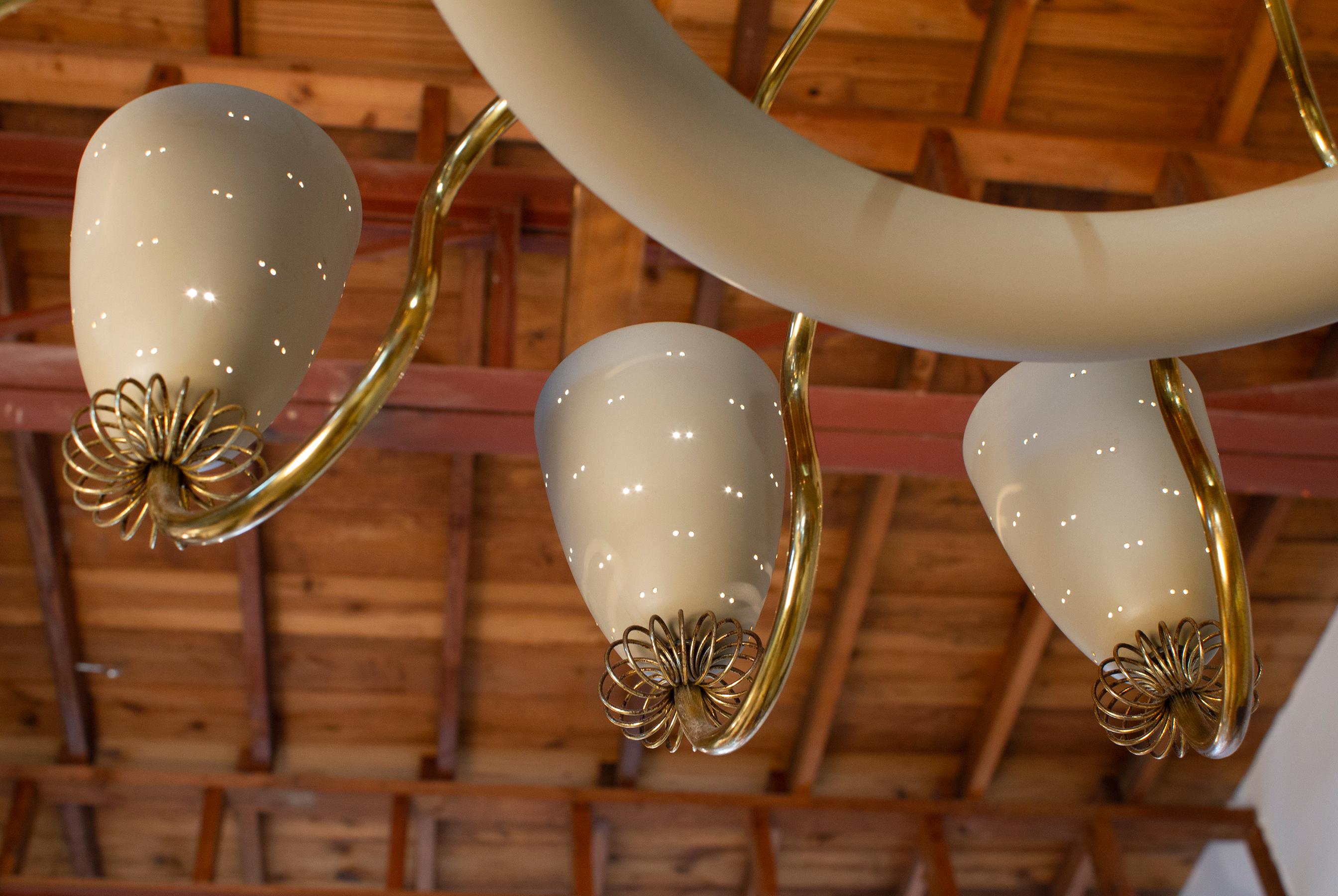Aluminum Paavo Tynell Ballerina Chandelier 12 Perforated Shades & Brass Ornamentation