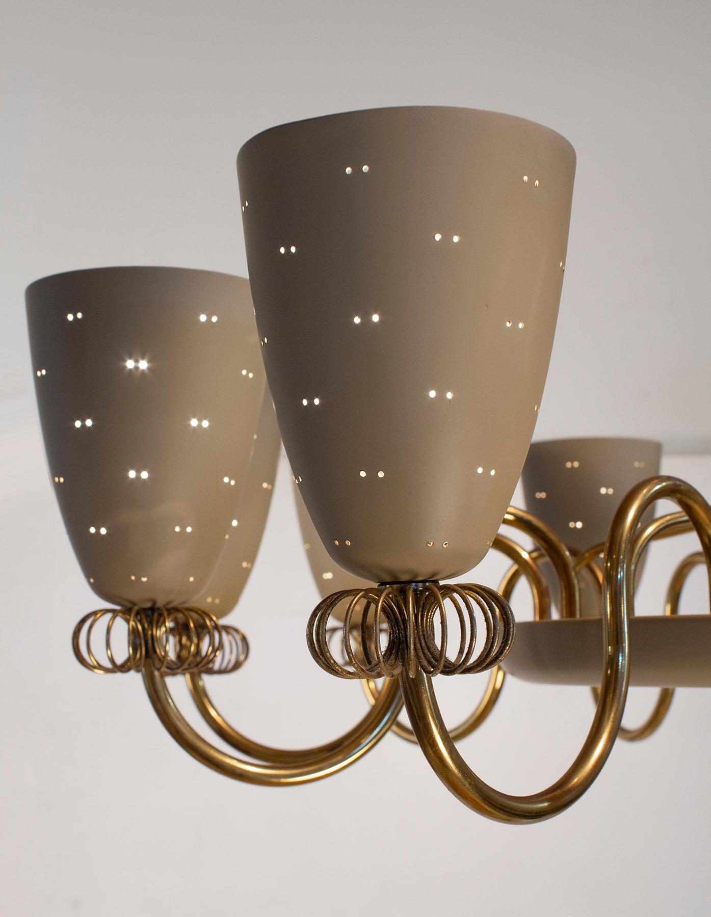 Paavo Tynell Ballerina Chandelier 12 Perforated Shades & Brass Ornamentation 1