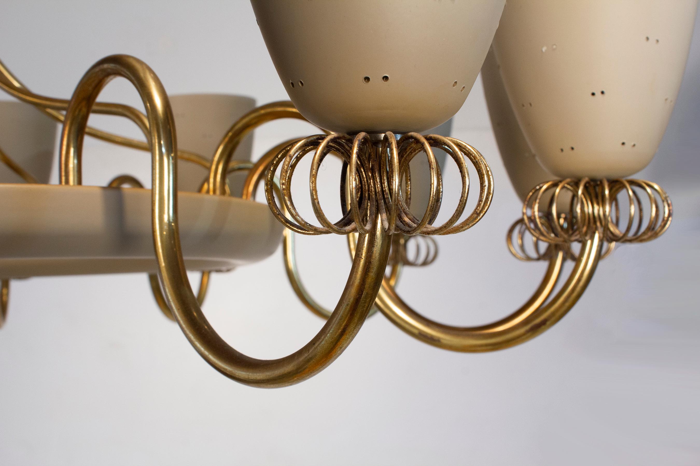 Paavo Tynell Ballerina Chandelier 12 Perforated Shades & Brass Ornamentation 2