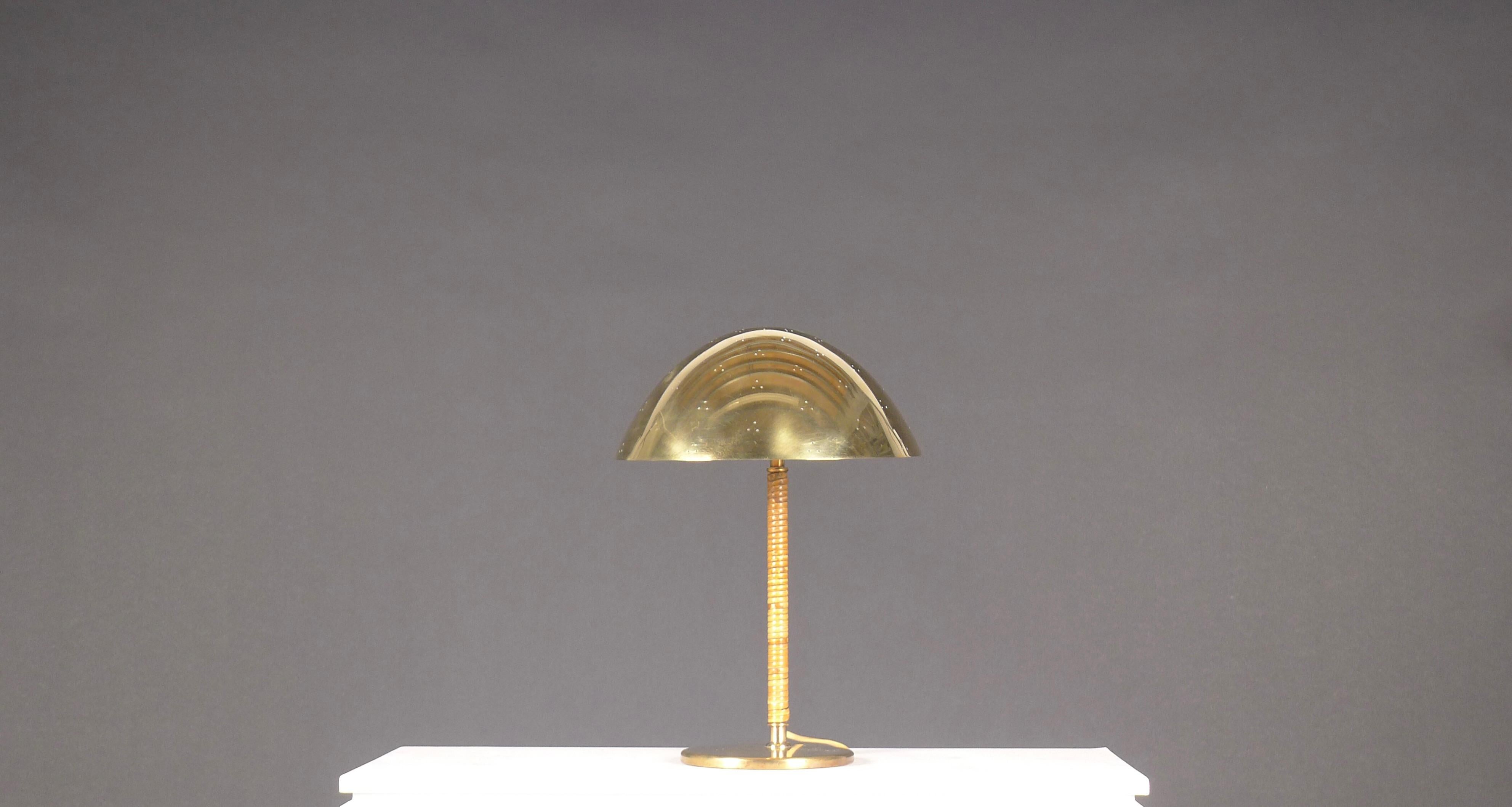 Scandinavian Modern Paavo Tynell, Brass and Rattan Table Lamp, Model 9209, circa 1950