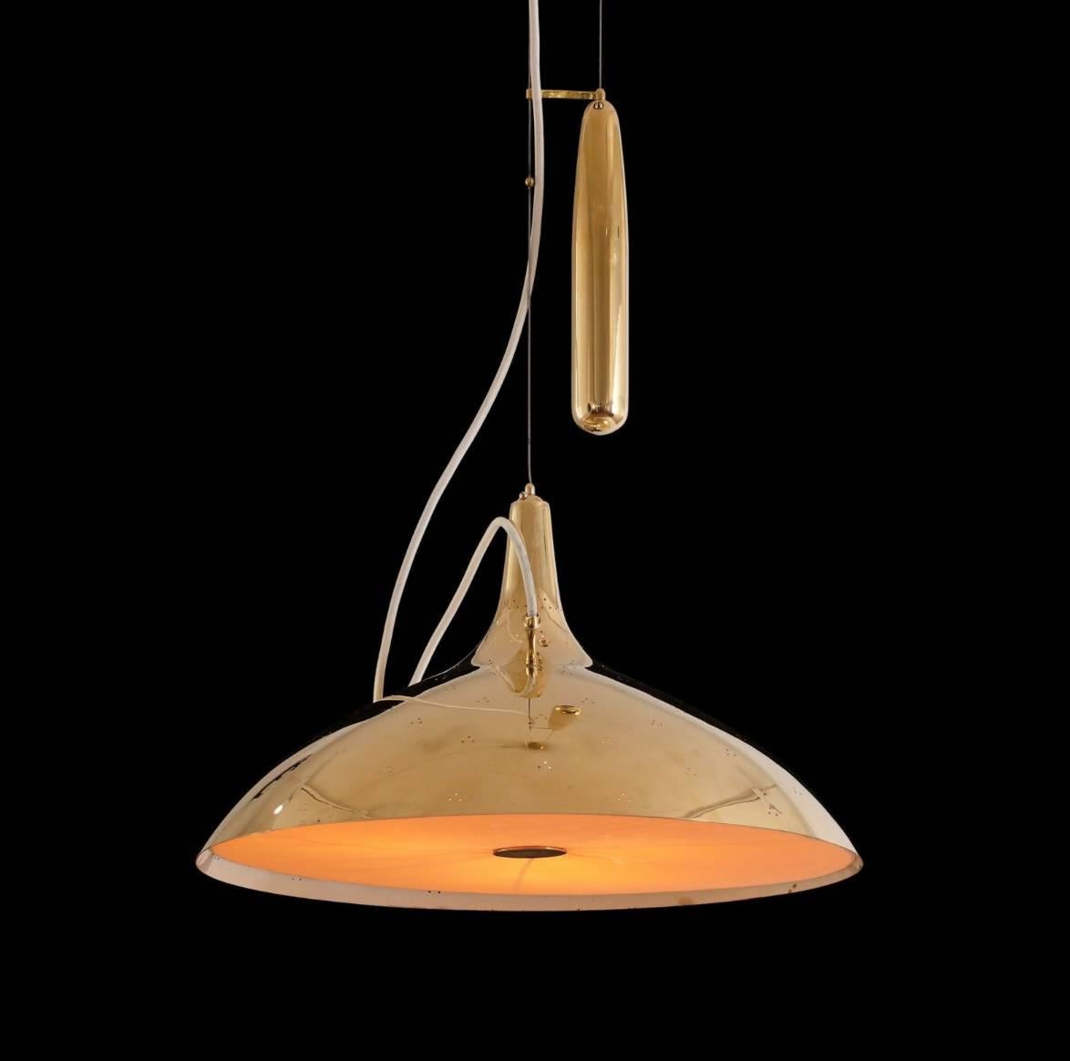 Mid-Century Modern Paavo Tynell Brass Counter Weight Pendant Lamp A1965, Taito Oy, Finland, 1950s