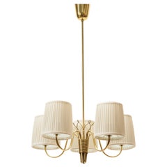 Paavo Tynell Brass Five-Arm Chandelier Model 9031, Idman Oy, Finland, 1950s