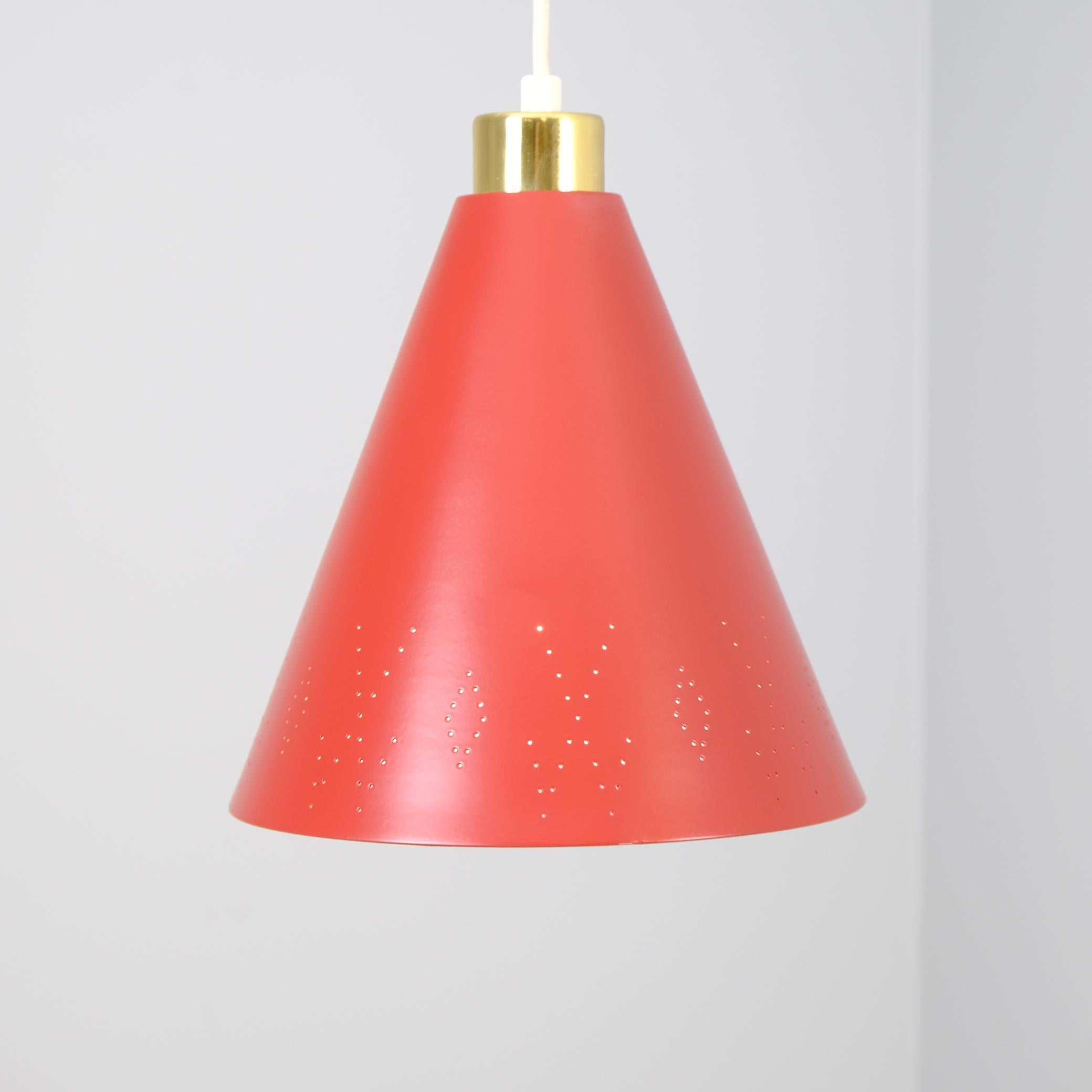 Mid-Century Modern Paavo Tynell Brass & Perforated Red Metal Ceiling Lamp Model K2-58, Idman 1950s For Sale