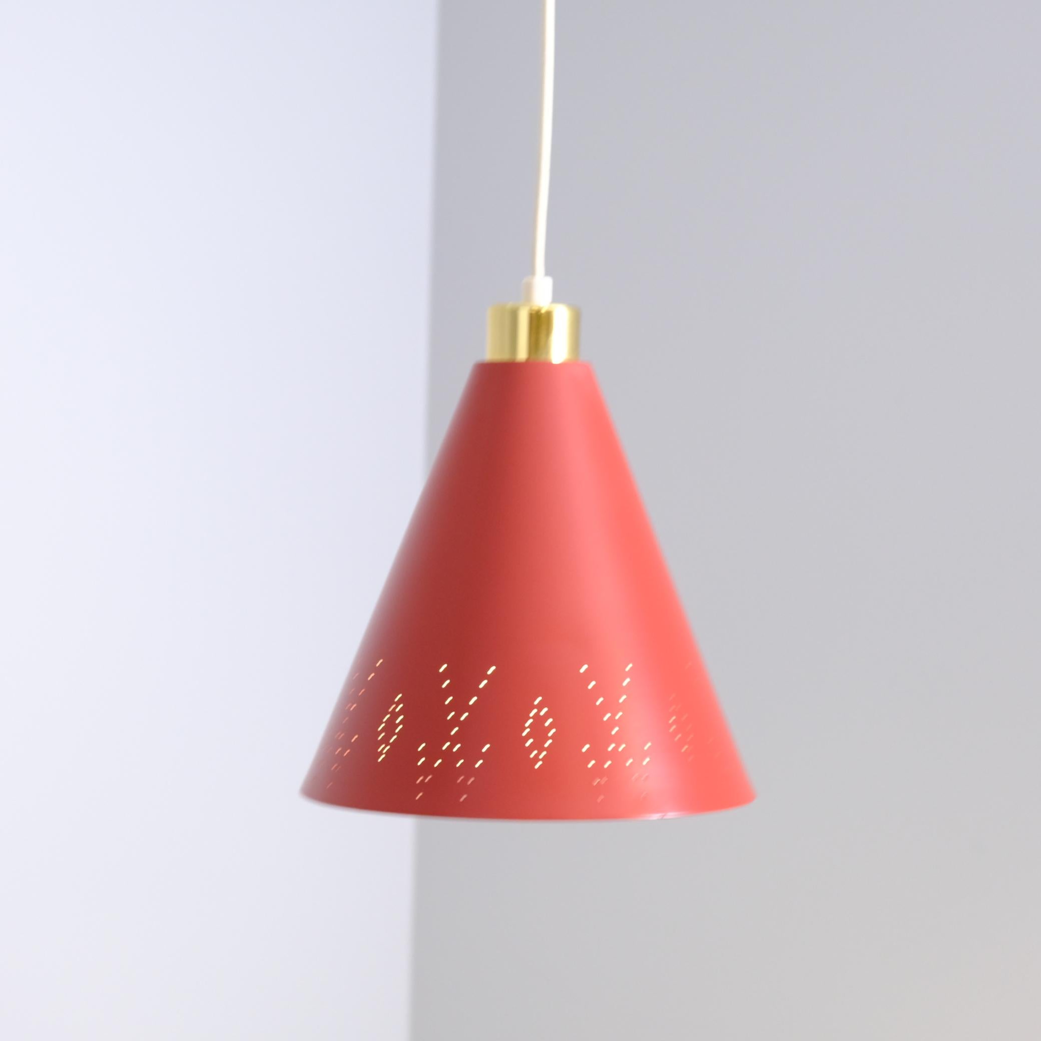 Finnish Paavo Tynell Brass & Perforated Red Metal Ceiling Lamp Model K2-58, Idman 1950s For Sale