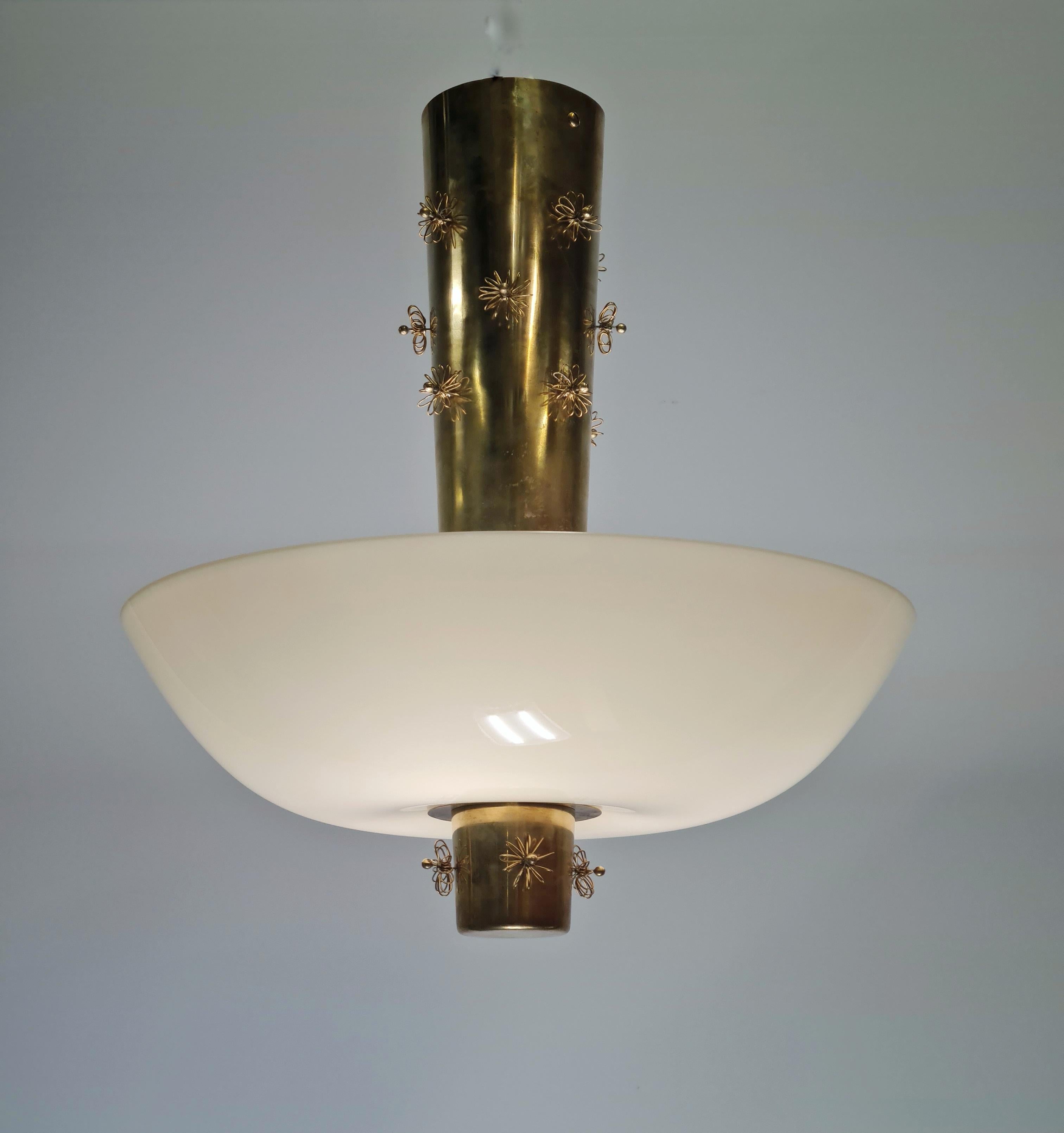 Paavo Tynell Ceiling Lamp Cannon Shell Model 9040, Brass & Opaline, 1950s Idman For Sale 5