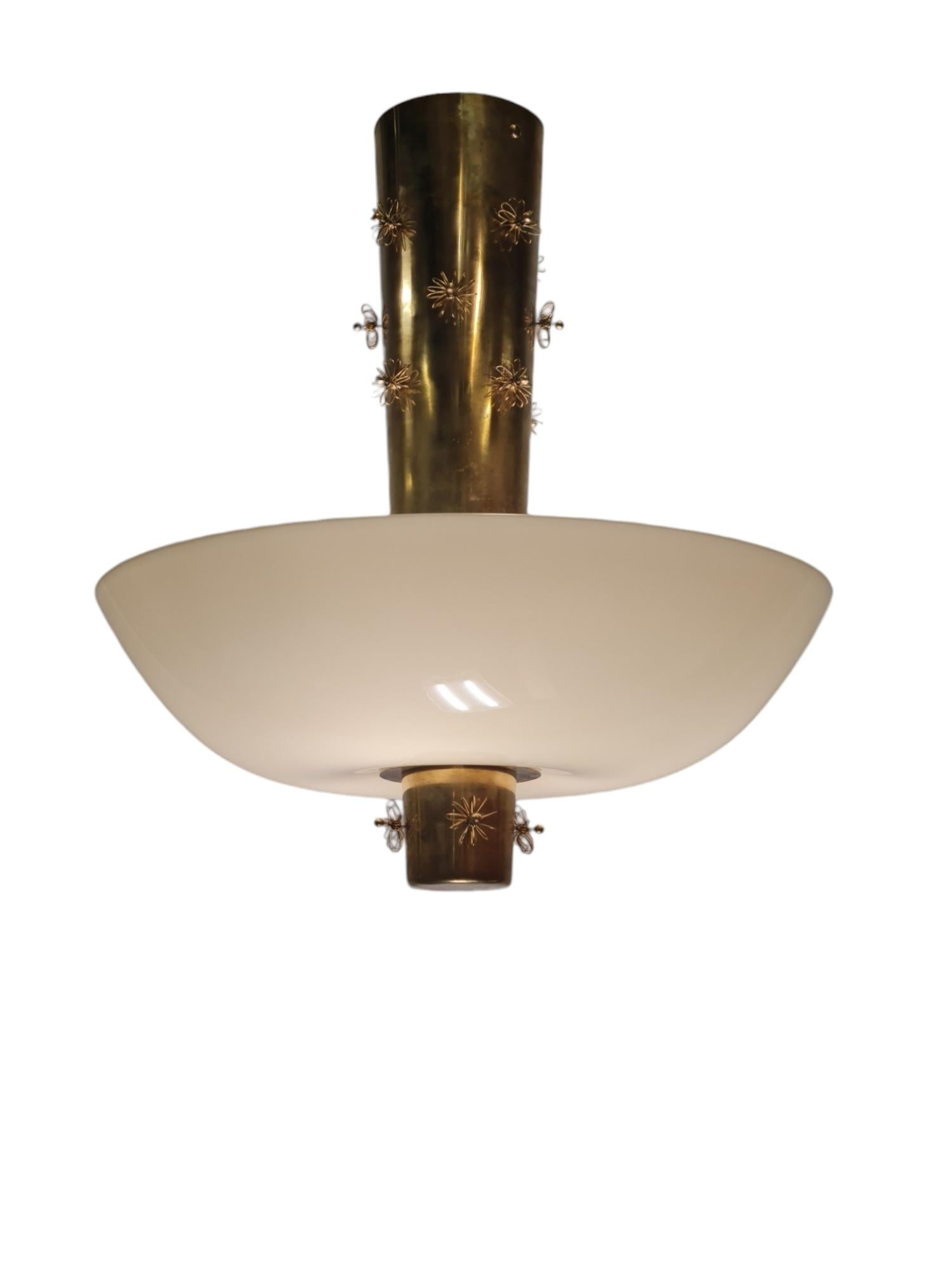 From the iconic Paavo Tynell series nicknamed the Cannon shell, this beautiful piece has the attention-demanding appearance of a falling bomb shell, yet the softness of spring with the flower decorations masterfully placed on the shaft. The central