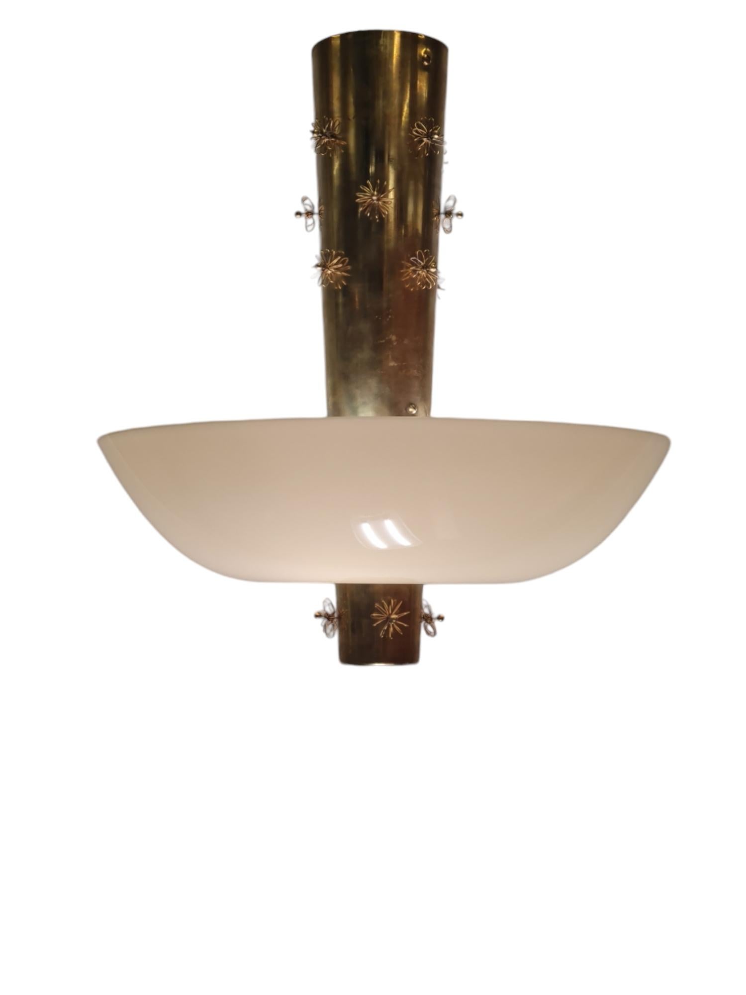 Mid-Century Modern Paavo Tynell Ceiling Lamp Cannon Shell Model 9040, Brass & Opaline, 1950s Idman For Sale