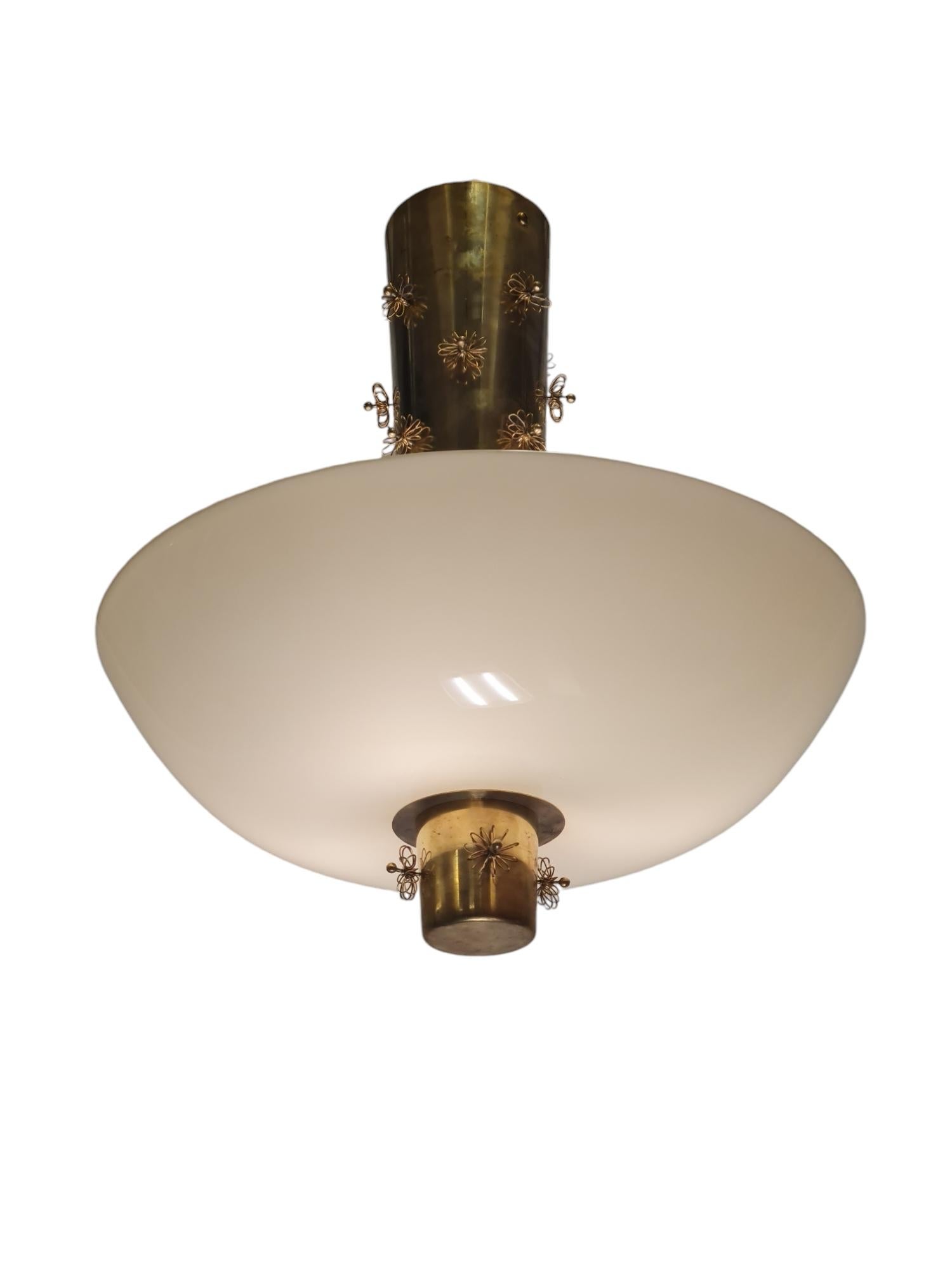 Finnish Paavo Tynell Ceiling Lamp Cannon Shell Model 9040, Brass & Opaline, 1950s Idman For Sale