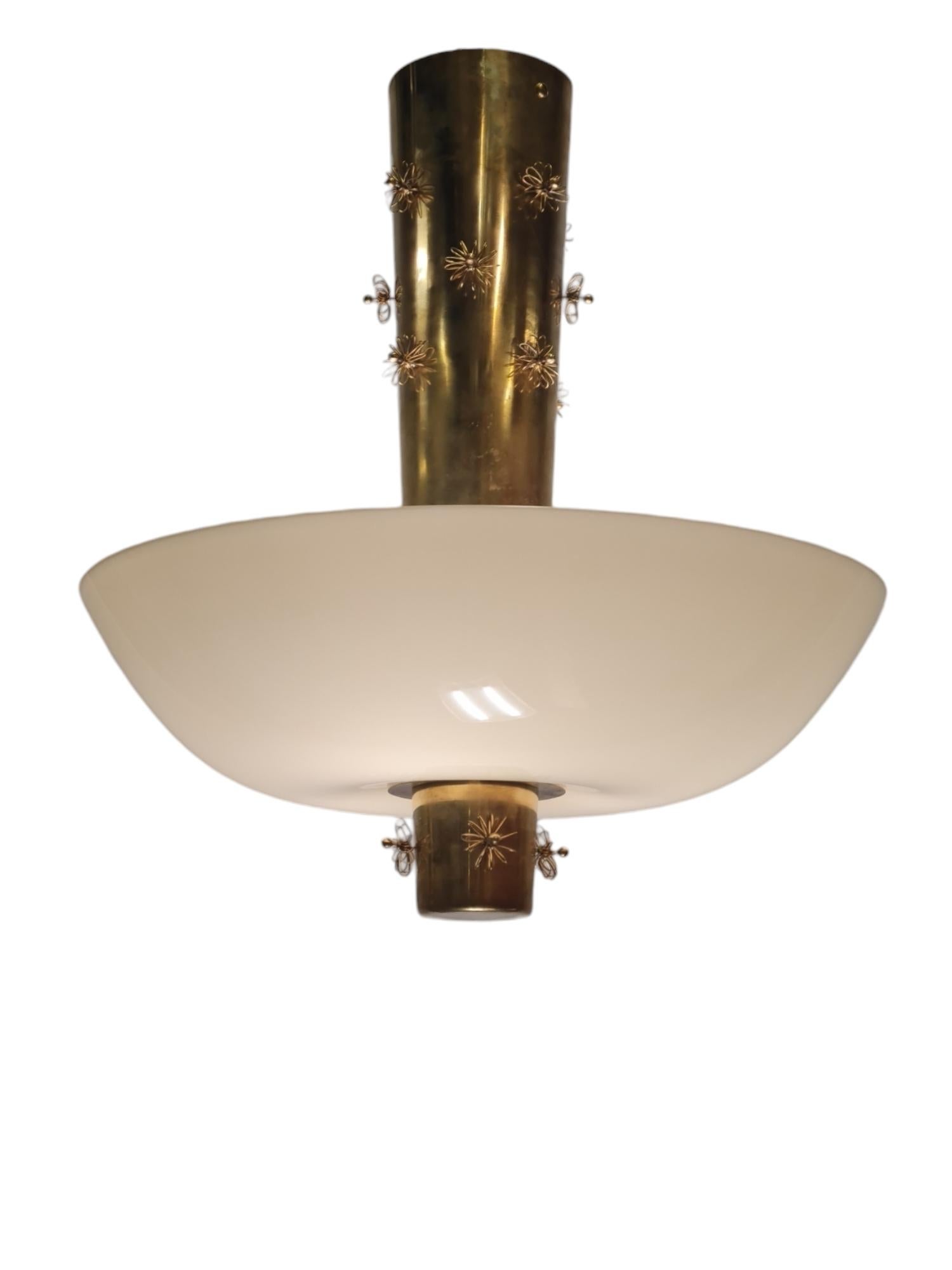 Paavo Tynell Ceiling Lamp Cannon Shell Model 9040, Brass & Opaline, 1950s Idman In Good Condition For Sale In Helsinki, FI