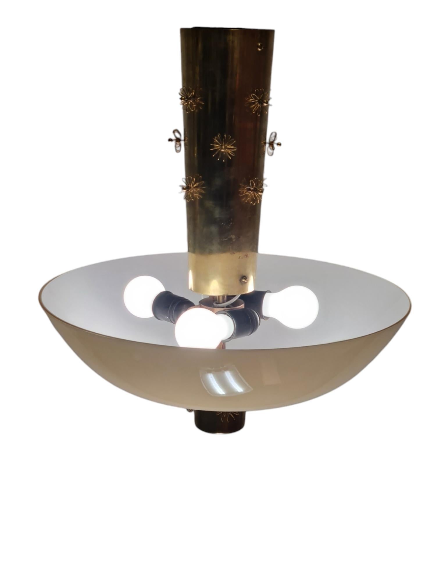 Paavo Tynell Ceiling Lamp Cannon Shell Model 9040, Brass & Opaline, 1950s Idman For Sale 1
