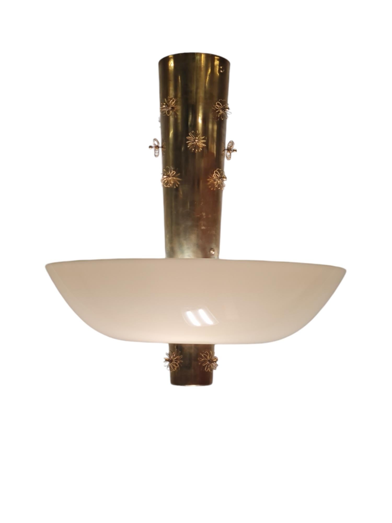 Paavo Tynell Ceiling Lamp Cannon Shell Model 9040, Brass & Opaline, 1950s Idman For Sale 2