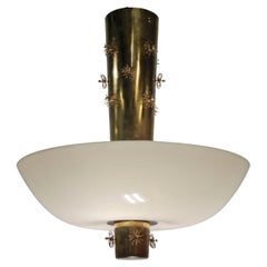 Paavo Tynell Ceiling Lamp Cannon Shell Model 9040, Brass & Opaline, 1950s Idman