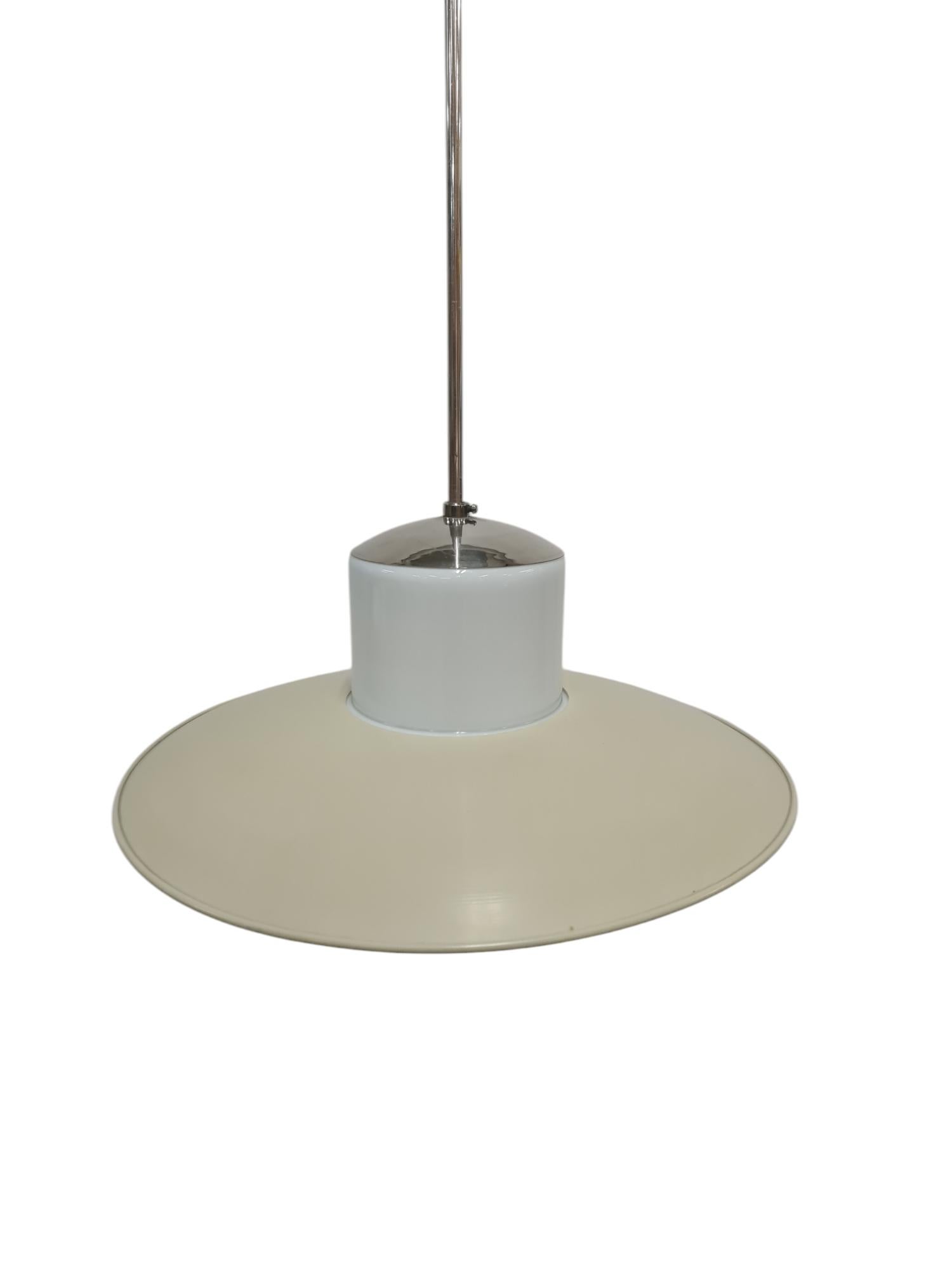 Finnish Paavo Tynell Ceiling Lamp, Chromed Metal, Painted Shade, & Opaline Glass, 1950s For Sale