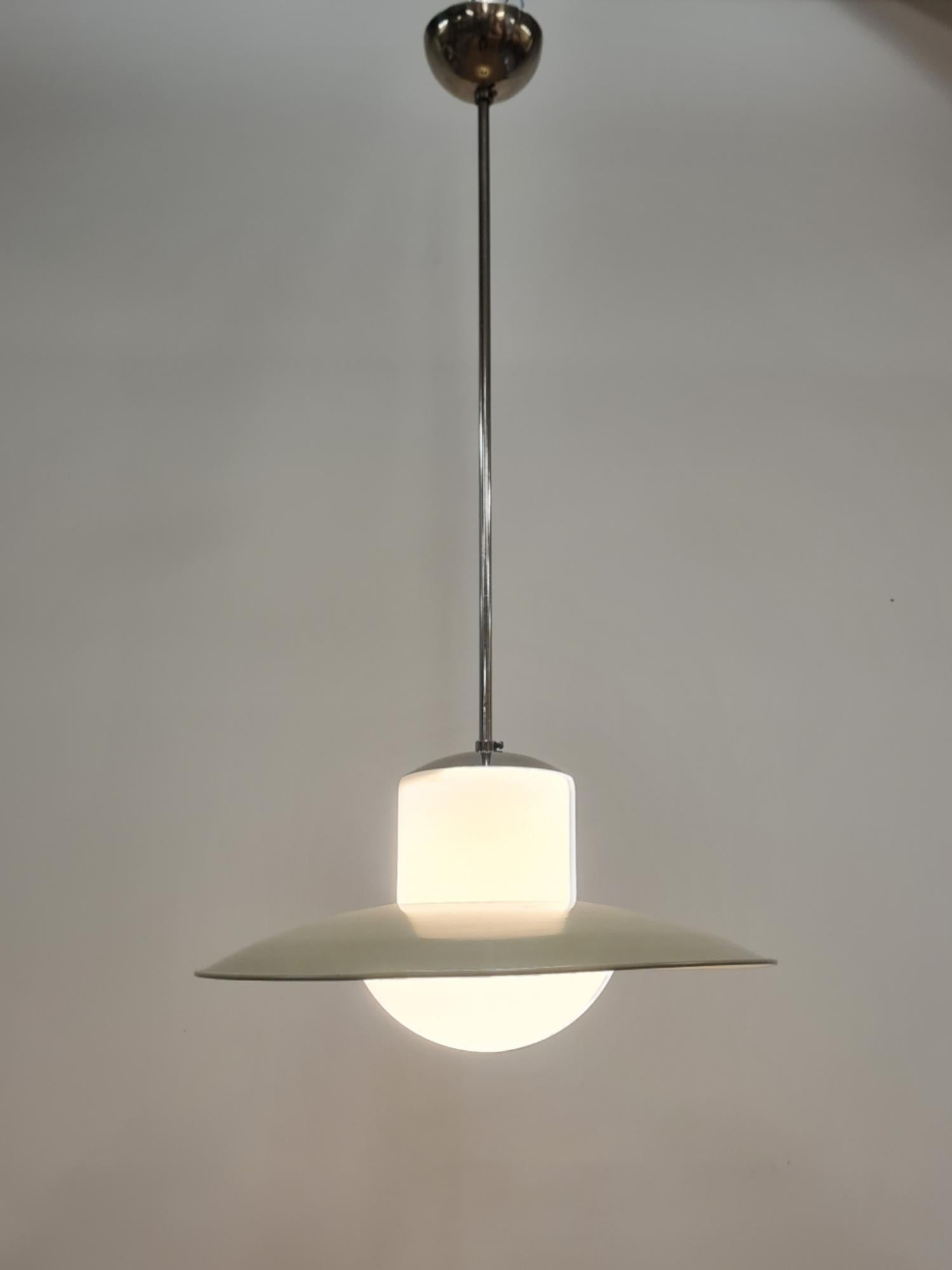 Paavo Tynell Ceiling Lamp, Chromed Metal, Painted Shade, & Opaline Glass, 1950s In Good Condition For Sale In Helsinki, FI