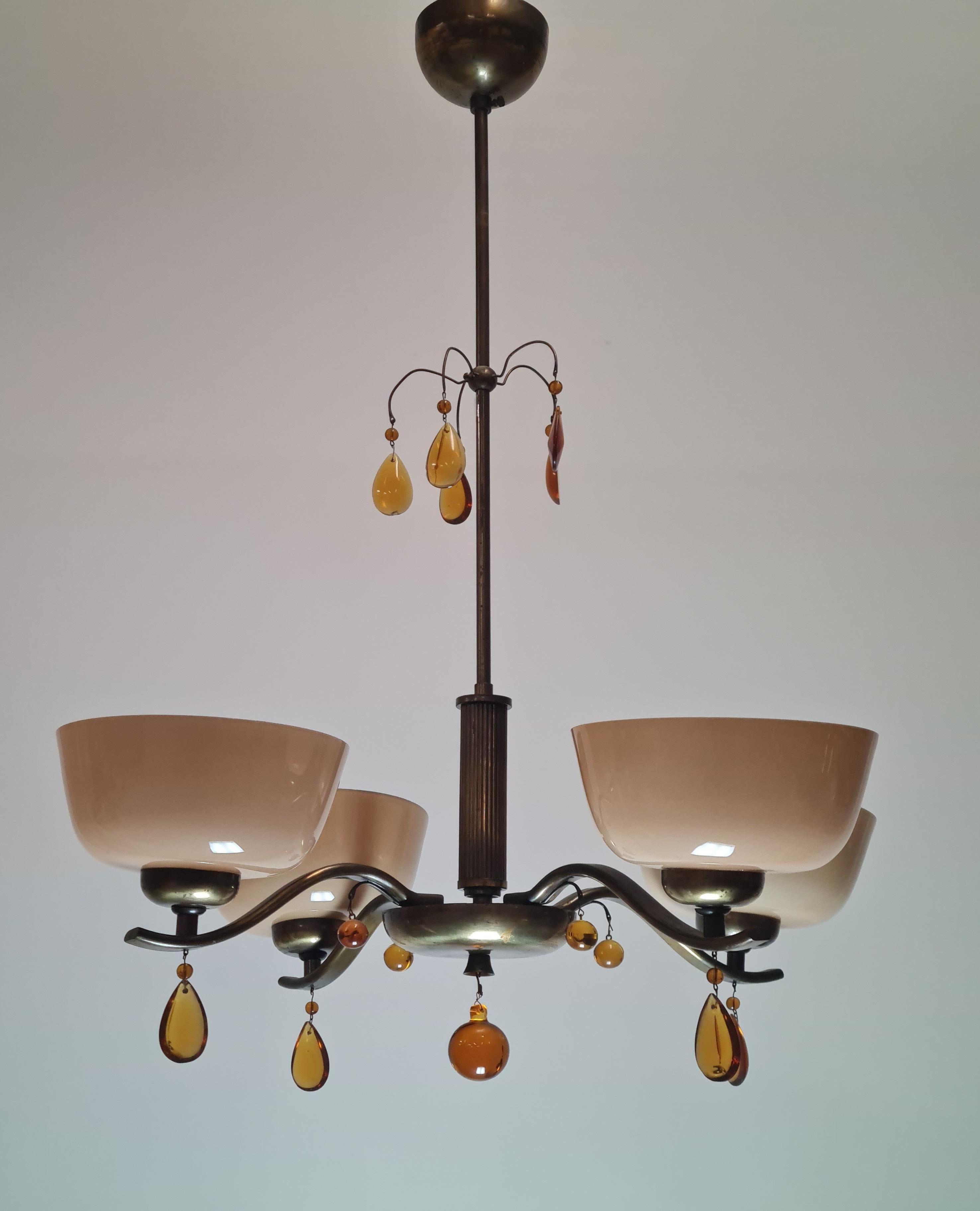 Lampada da soffitto Paavo Tynell modello 1464, vetro, cristalli d'ambra e ottone, Taito 1930 in vendita 5