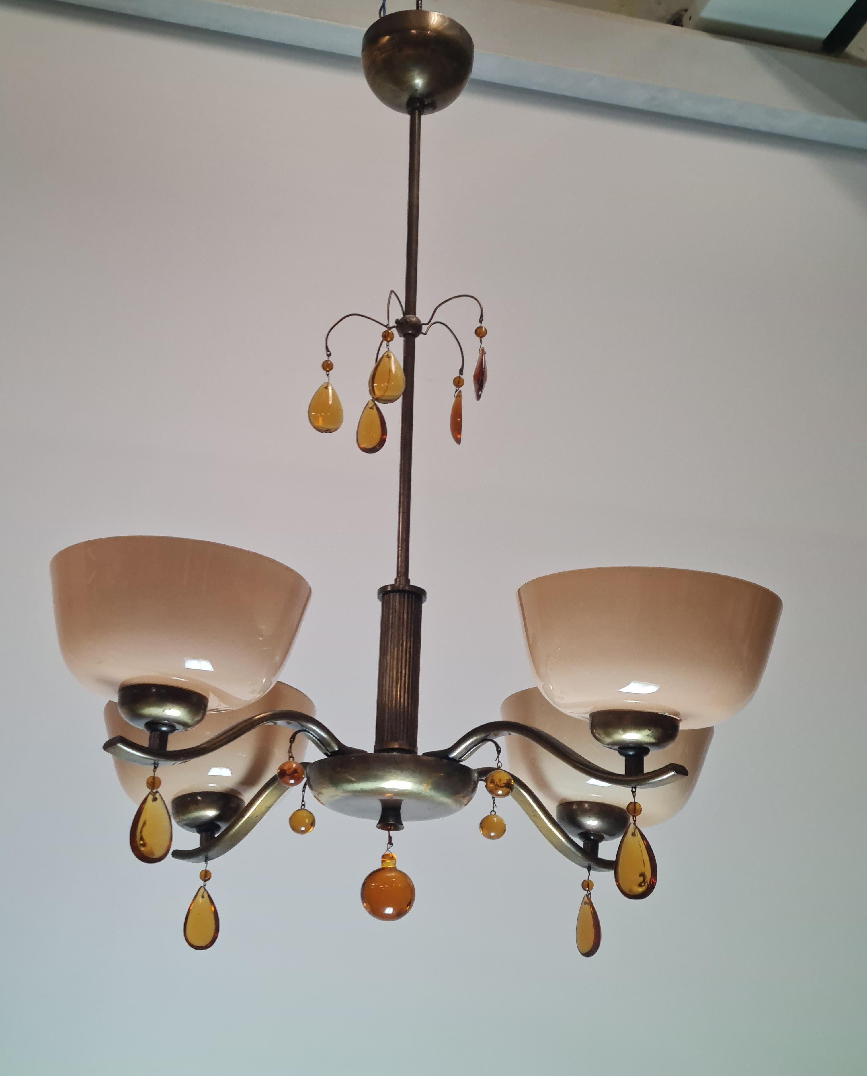 Lampada da soffitto Paavo Tynell modello 1464, vetro, cristalli d'ambra e ottone, Taito 1930 in vendita 6