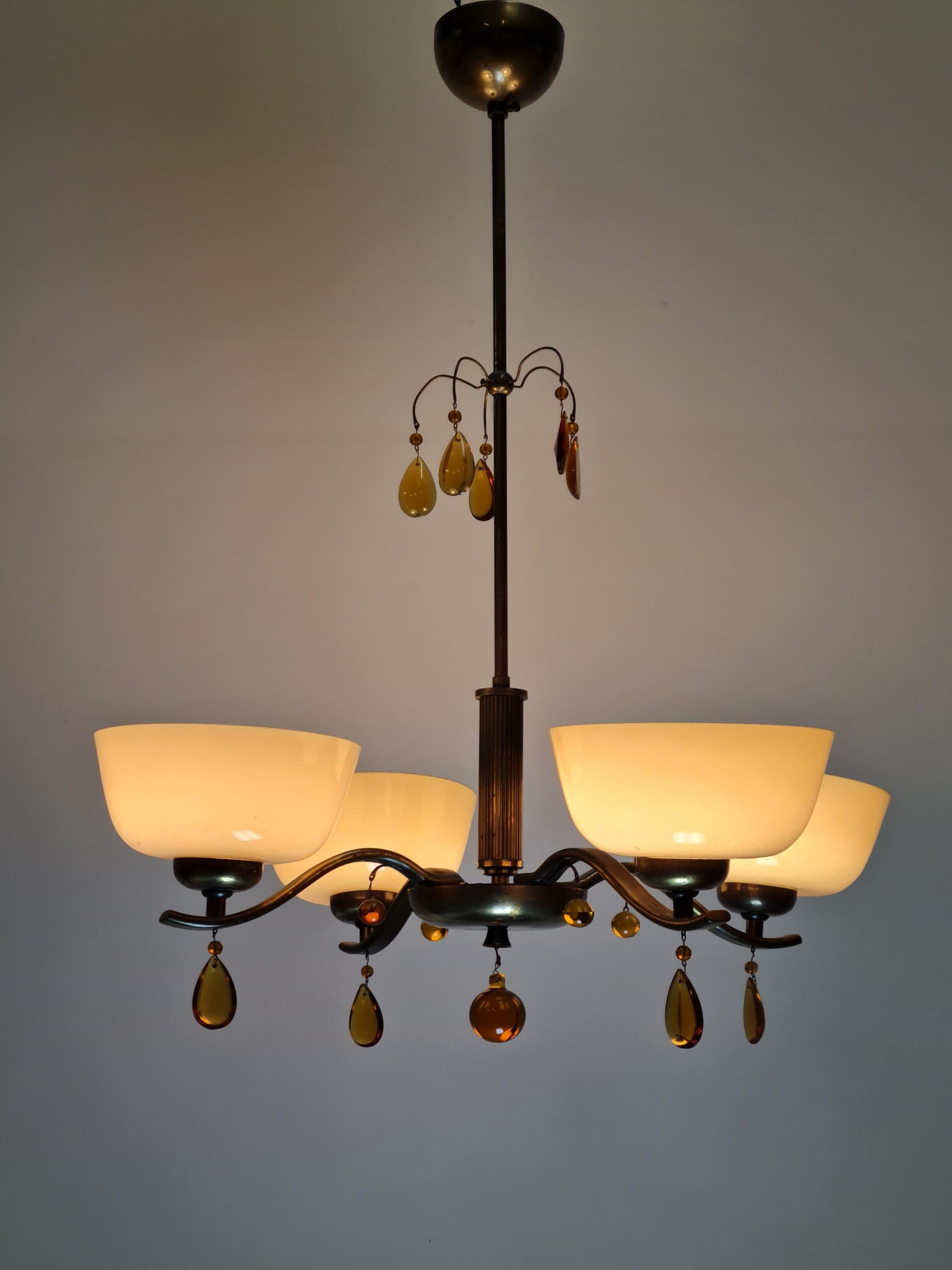 Lampada da soffitto Paavo Tynell modello 1464, vetro, cristalli d'ambra e ottone, Taito 1930 in vendita 8