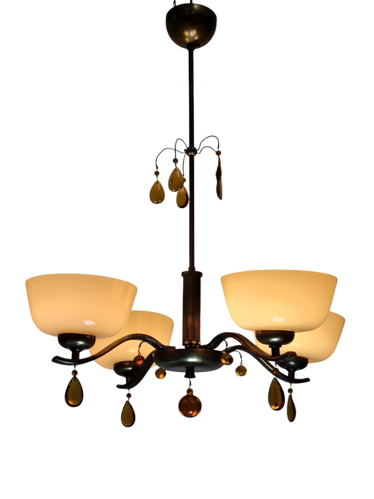 Lampada da soffitto Paavo Tynell modello 1464, vetro, cristalli d'ambra e ottone, Taito 1930 in vendita 11