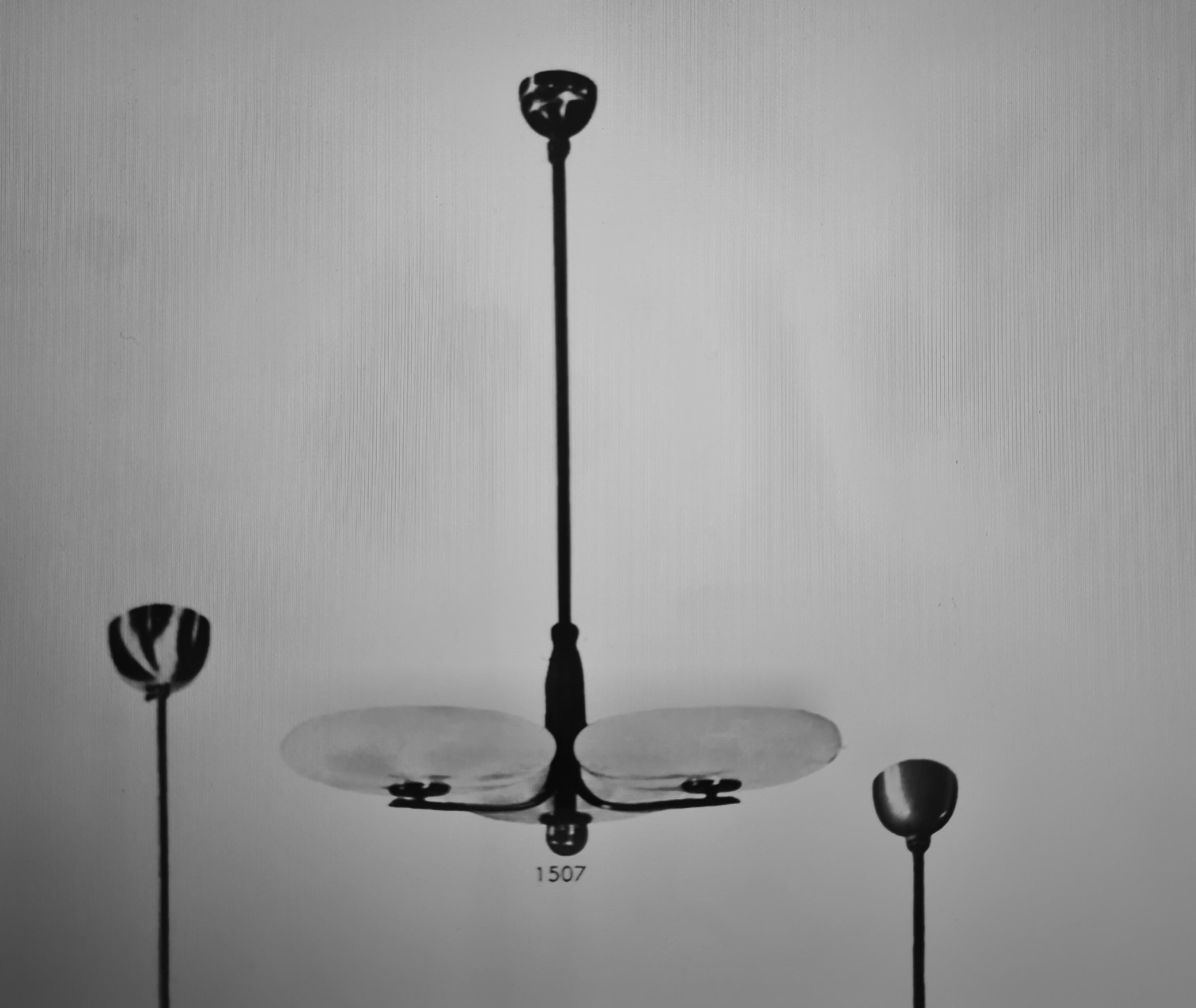 Paavo Tynell Ceiling Lamp Model 1507, Green Glass & Brass, Taito 1930s For Sale 3