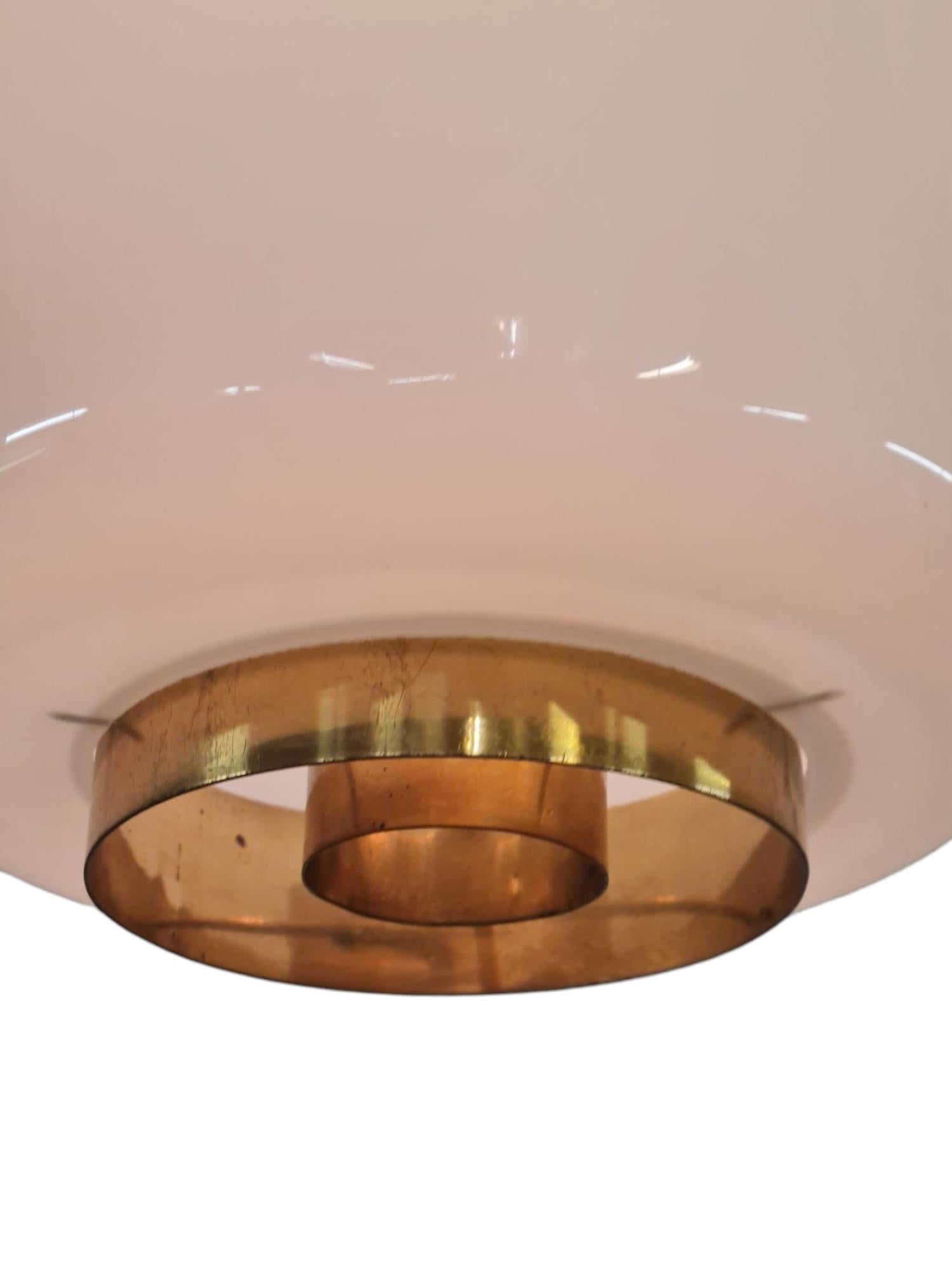Scandinavian Modern Paavo Tynell Ceiling Lamp Model A 2-10 in Brass & Opaline Glass, Idman 1950s For Sale