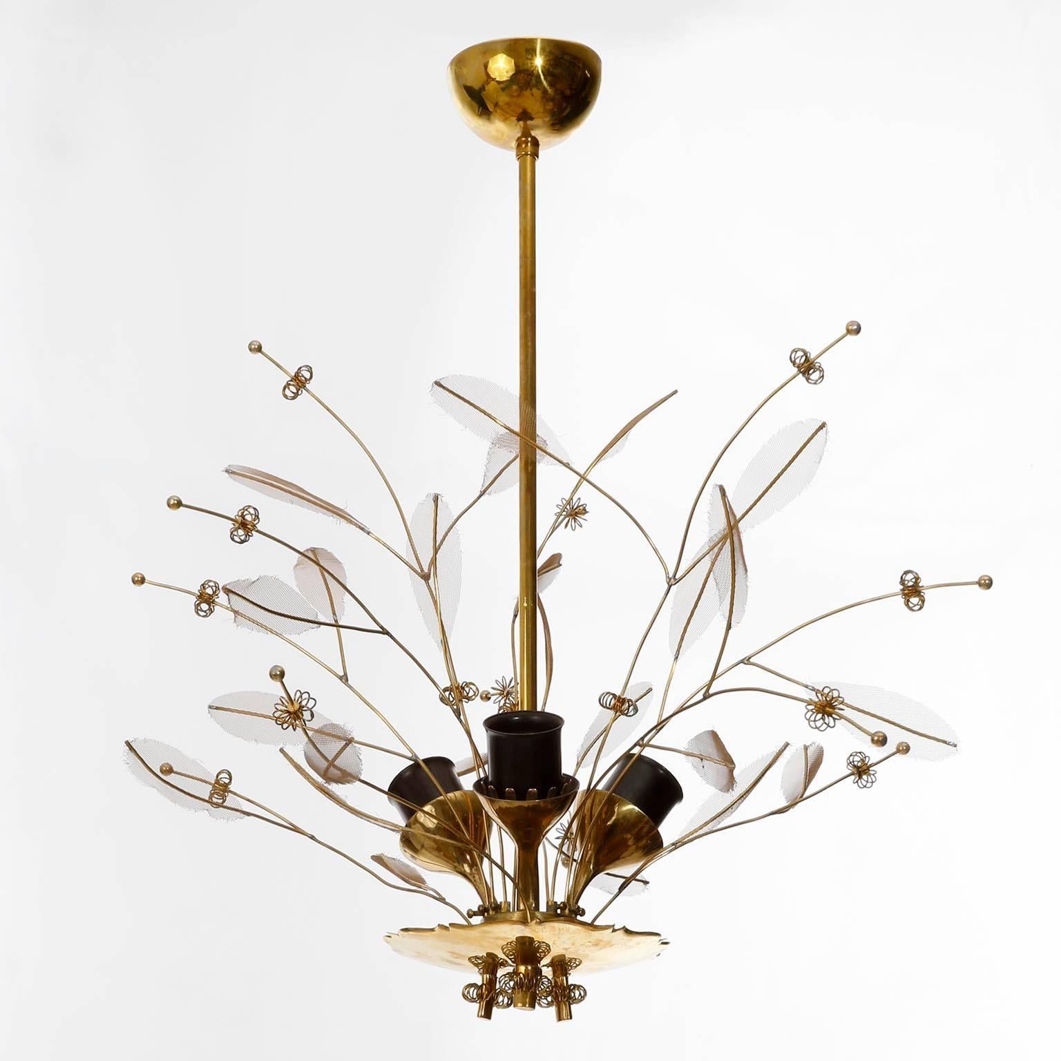 Finnish Paavo Tynell Chandelier 9029/3 'Bridal Bouquet' for Taito Oy, Brass Glass, 1950