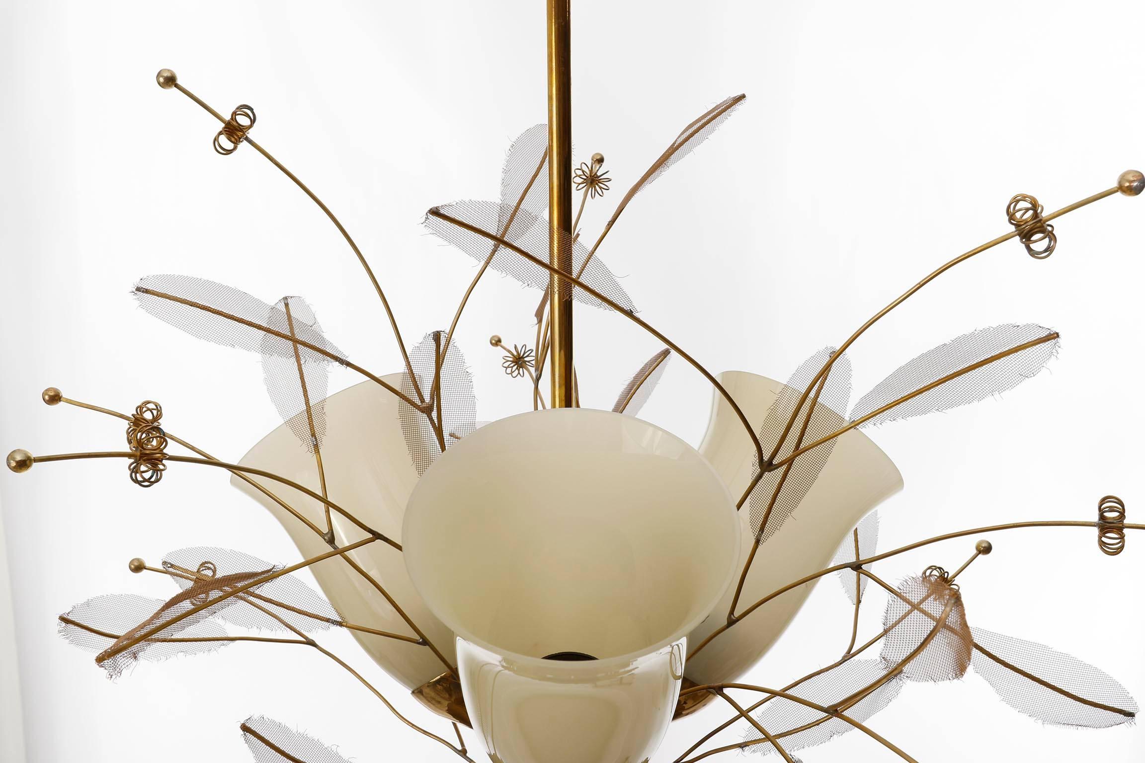 Mid-20th Century Paavo Tynell Chandelier 9029/3 'Bridal Bouquet' for Taito Oy, Brass Glass, 1950