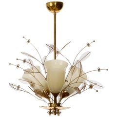Vintage Paavo Tynell Chandelier 9029/3 'Bridal Bouquet' for Taito Oy, Brass Glass, 1950