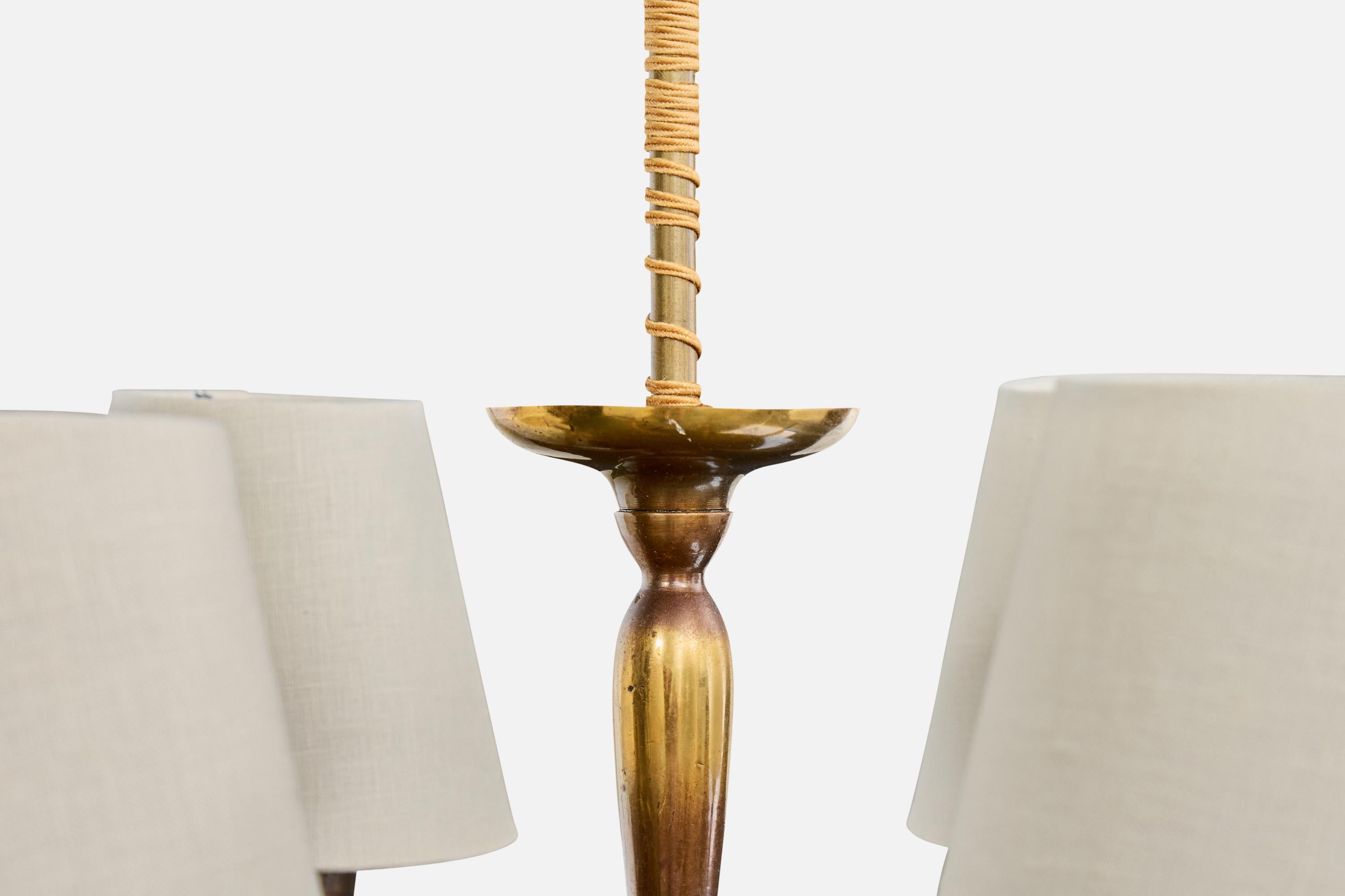 Mid-Century Modern Paavo Tynell, Chandelier, Brass, Fabric, Cord, Finland, 1930s For Sale