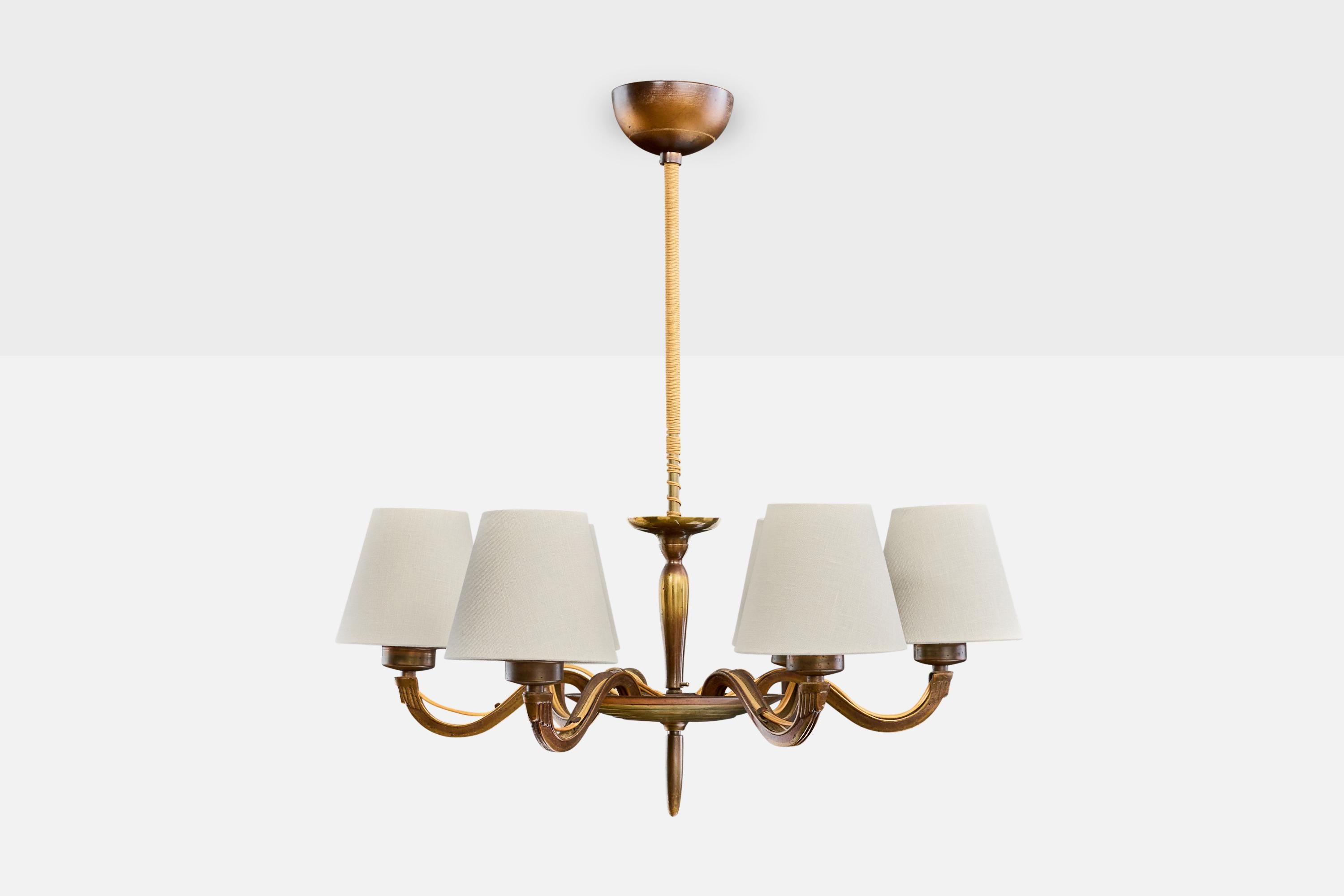 Paavo Tynell, Chandelier, Brass, Fabric, Cord, Finland, 1930s In Good Condition For Sale In High Point, NC