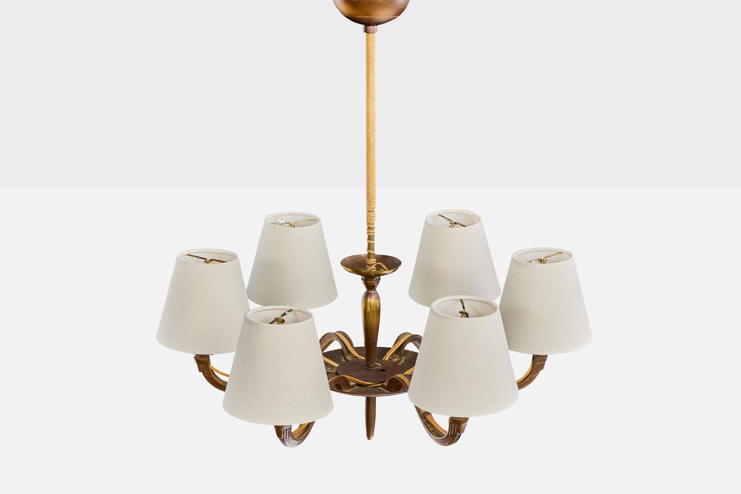 Mid-20th Century Paavo Tynell, Chandelier, Brass, Fabric, Cord, Finland, 1930s For Sale